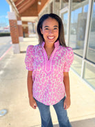 Pink Animal Print V - Neck Short Puff Sleeve Top (R) - A'Bekah's Boutique