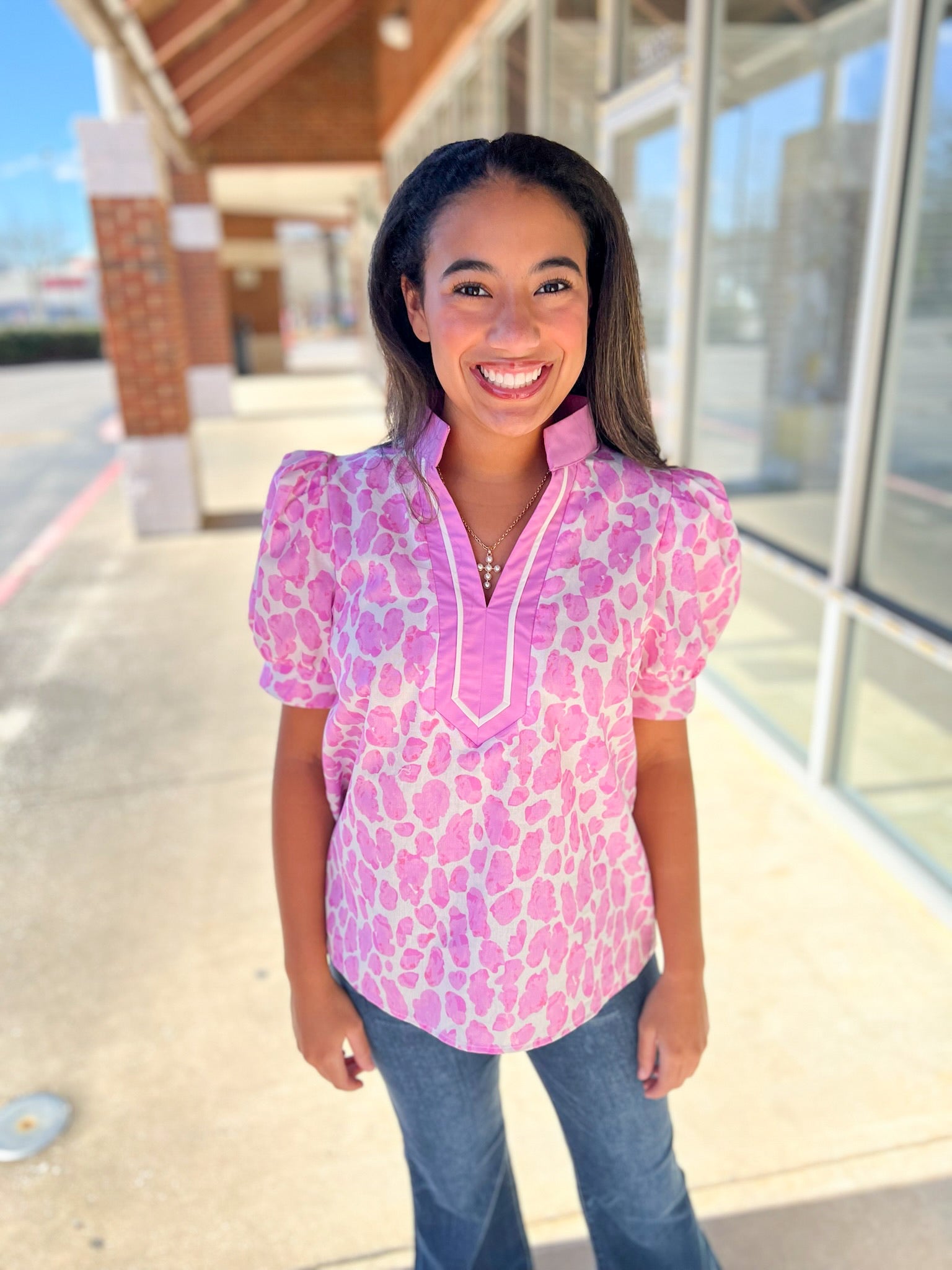 Pink Animal Print V - Neck Short Puff Sleeve Top (R) - A'Bekah's Boutique