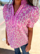 Pink Animal Print V - Neck Short Puff Sleeve Top (R) - A'Bekah's Boutique
