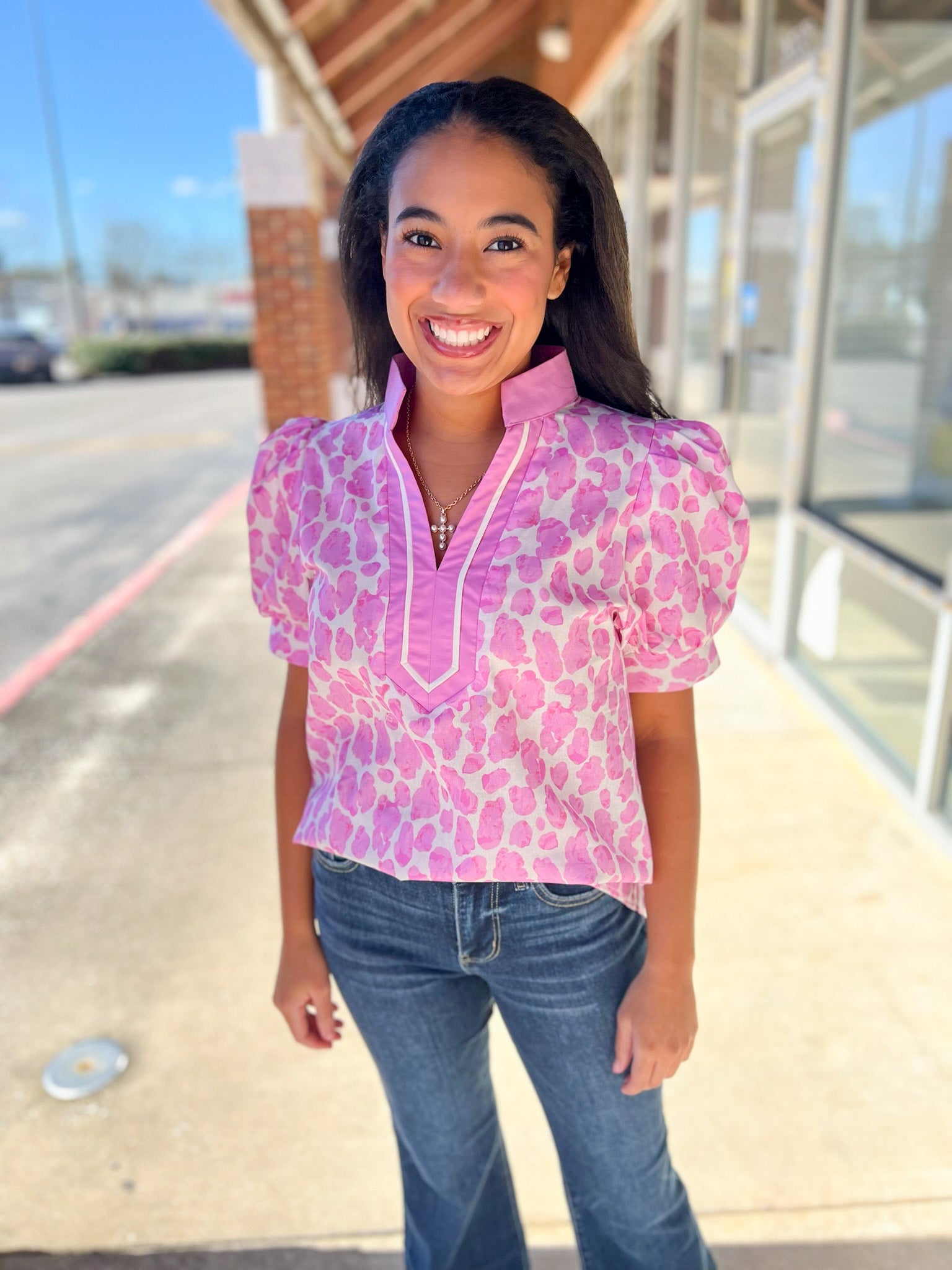 Pink Animal Print V - Neck Short Puff Sleeve Top (R) - A'Bekah's Boutique