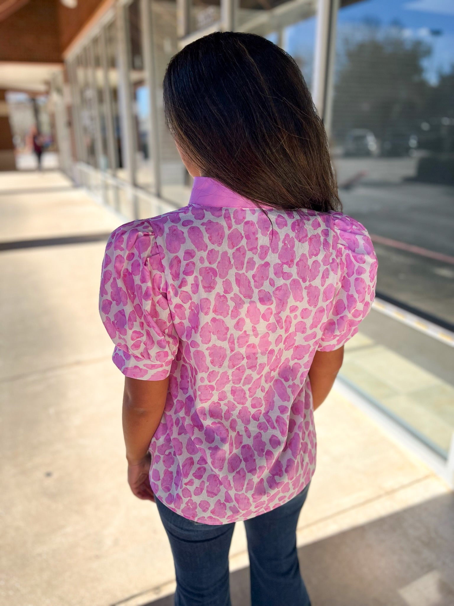 Pink Animal Print V - Neck Short Puff Sleeve Top (R) - A'Bekah's Boutique