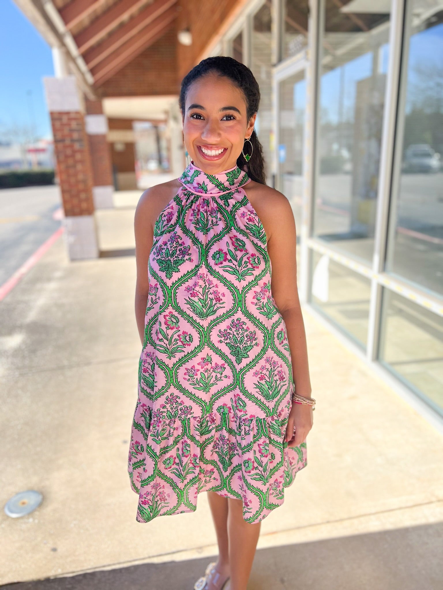 Pink Botanical Floral Print Halter Dress - A'Bekah's Boutique