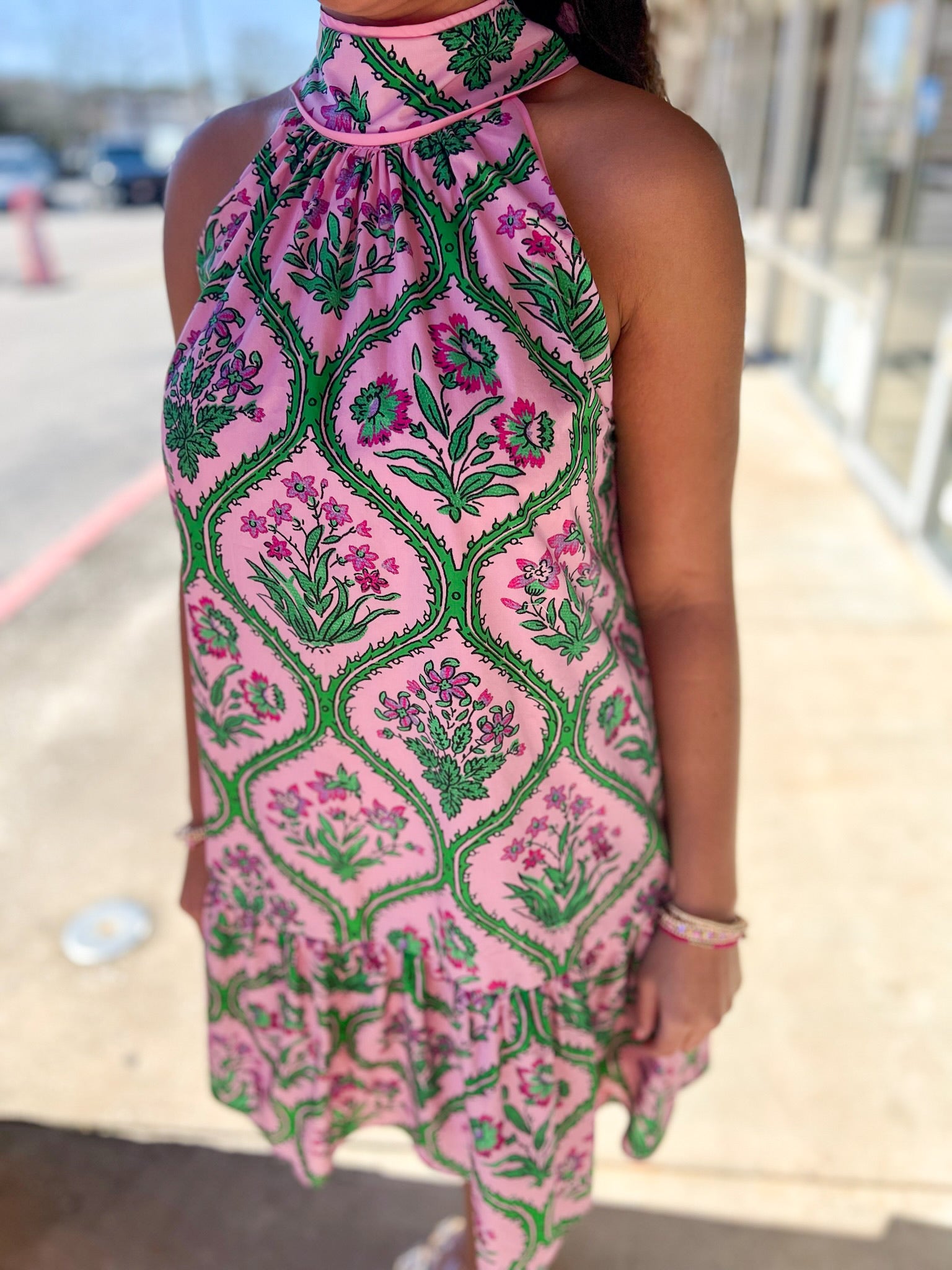 Pink Botanical Floral Print Halter Dress - A'Bekah's Boutique