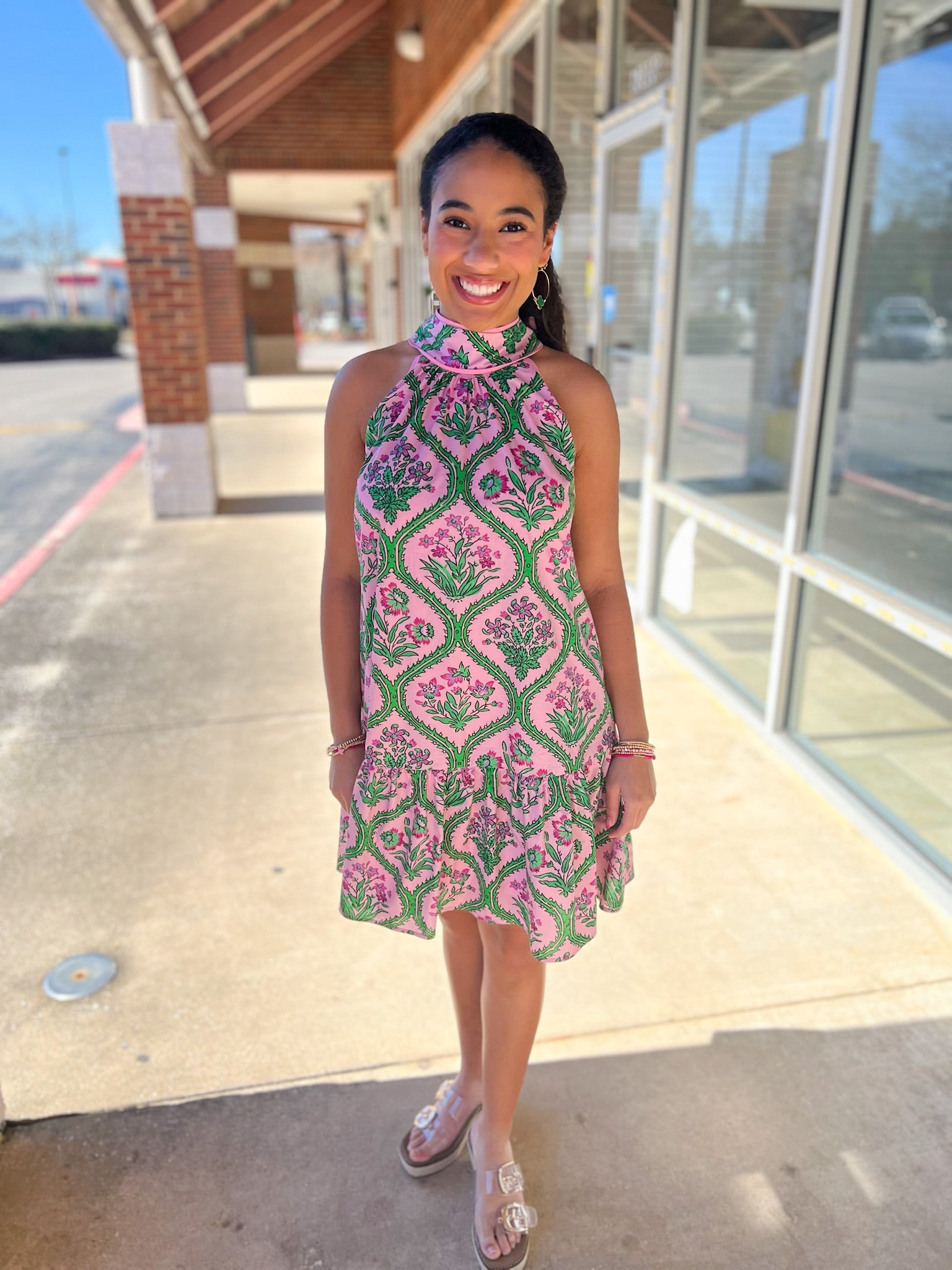 Pink Botanical Floral Print Halter Dress - A'Bekah's Boutique