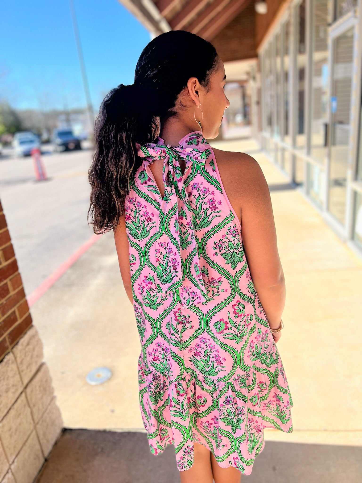 Pink Botanical Floral Print Halter Dress - A'Bekah's Boutique