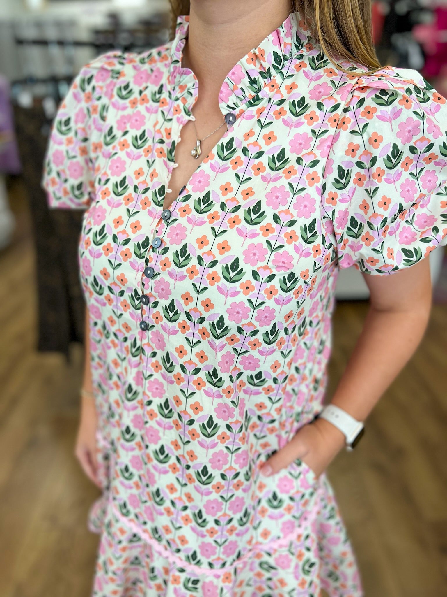 Pink Botanical Print Dress with Short Puff Sleeves - A'Bekah's Boutique