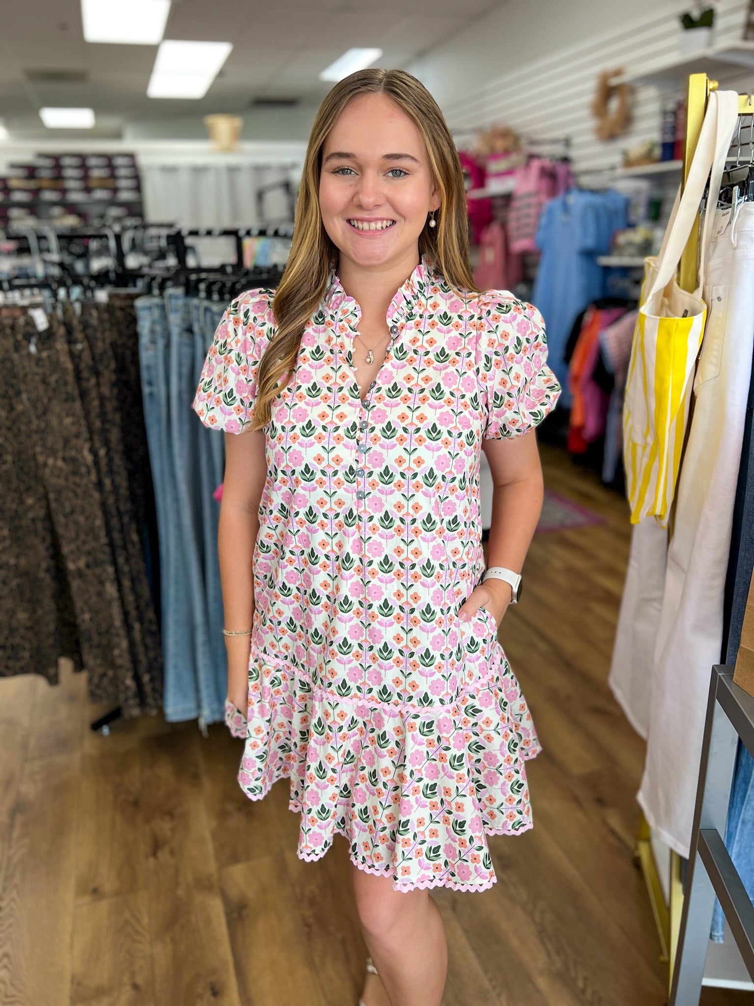Pink Botanical Print Dress with Short Puff Sleeves - A'Bekah's Boutique