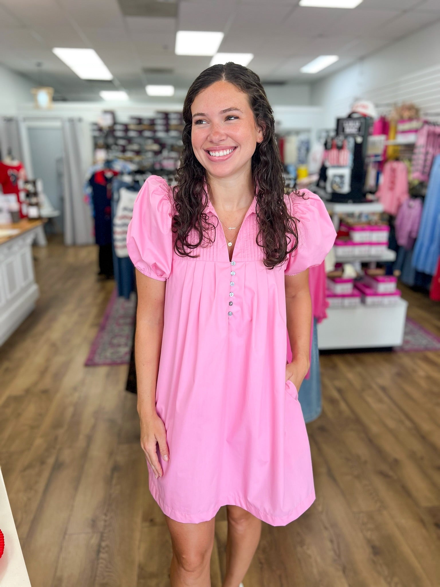Pink Dress with Pintuck Detailing and Short Puff Sleeves - A'Bekah's Boutique