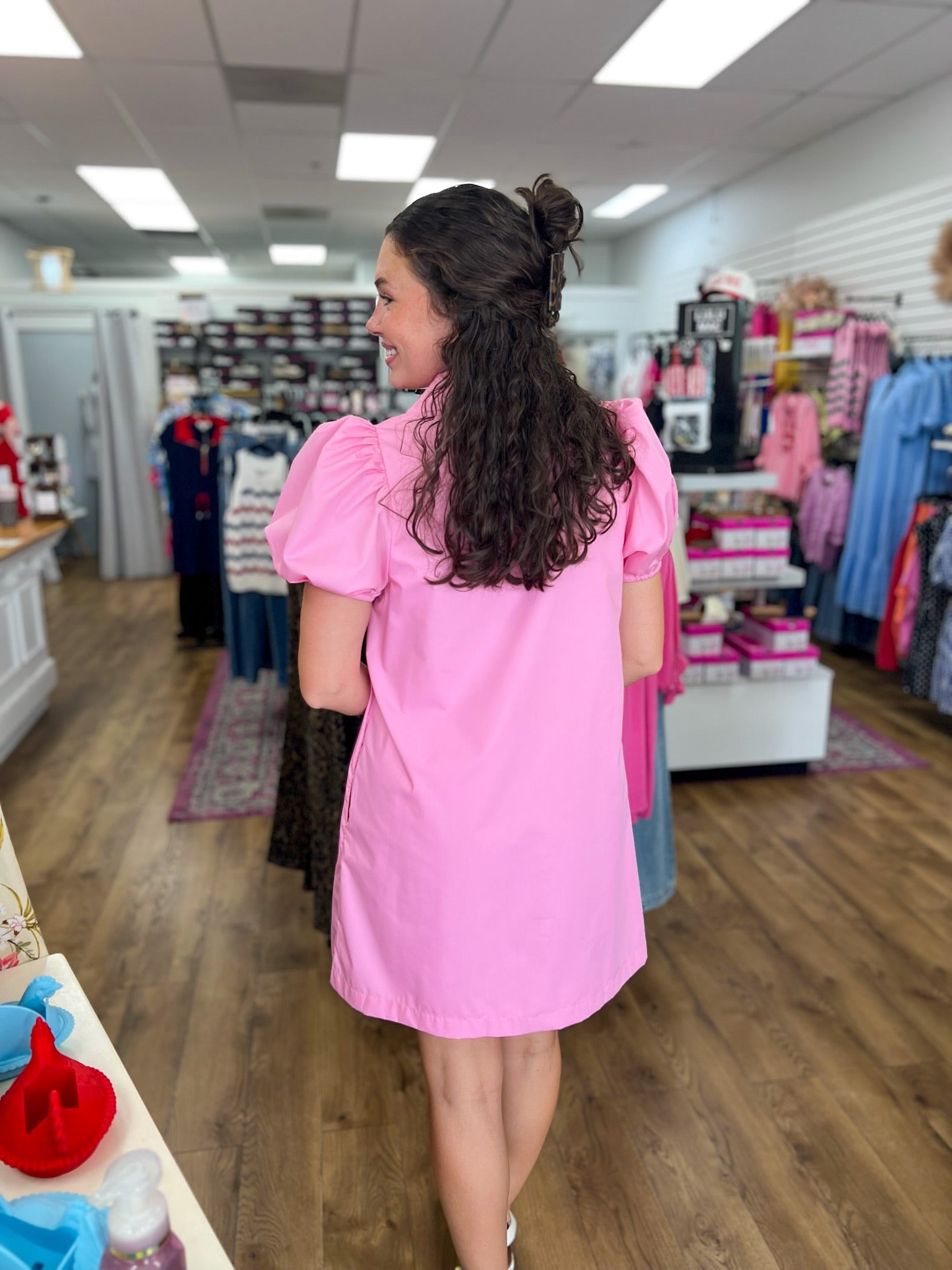Pink Dress with Pintuck Detailing and Short Puff Sleeves - A'Bekah's Boutique