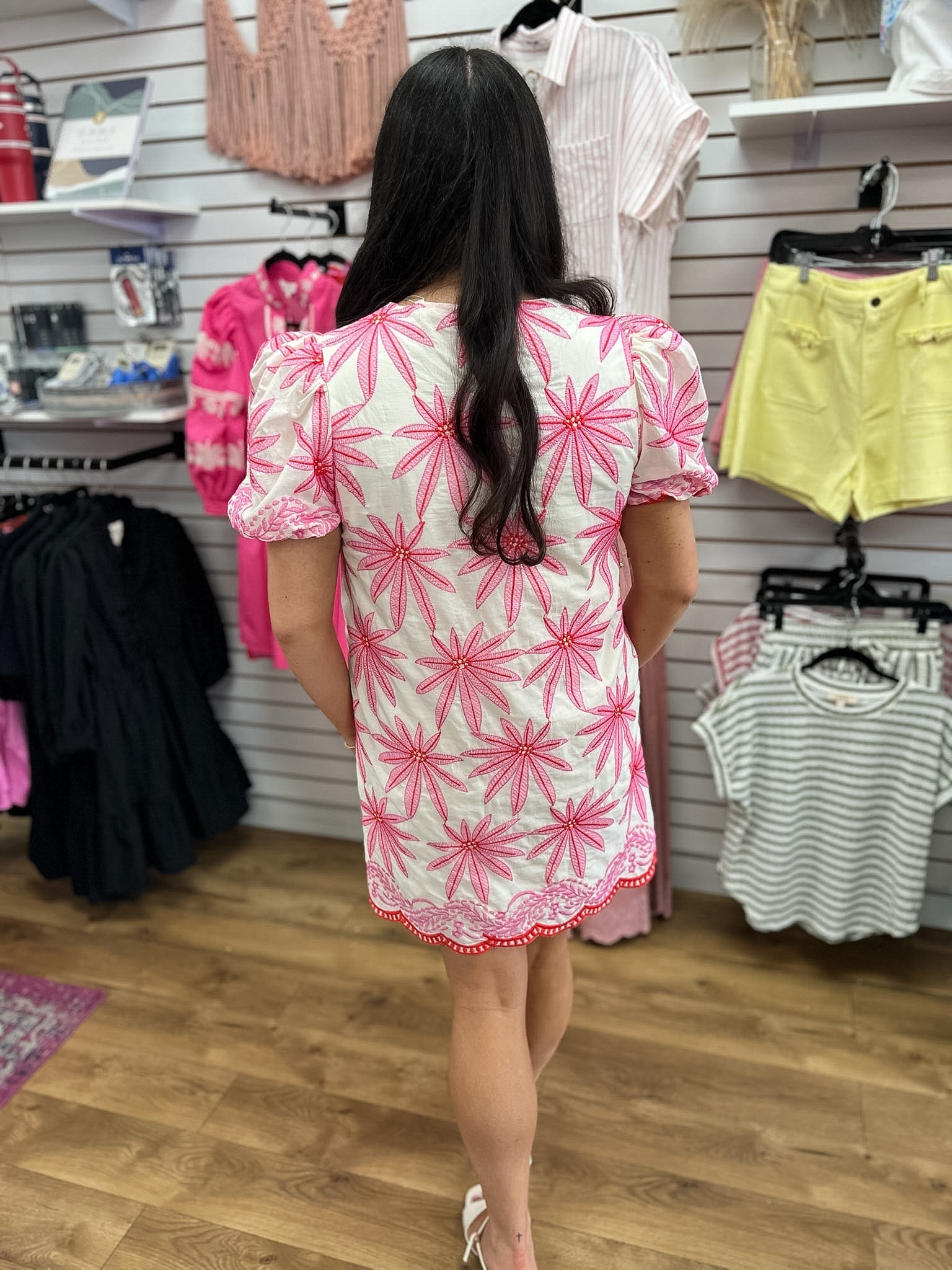 Pink Floral Embroidered Dress with Short Puff Sleeves - A'Bekah's Boutique