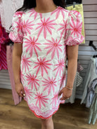 Pink Floral Embroidered Dress with Short Puff Sleeves - A'Bekah's Boutique