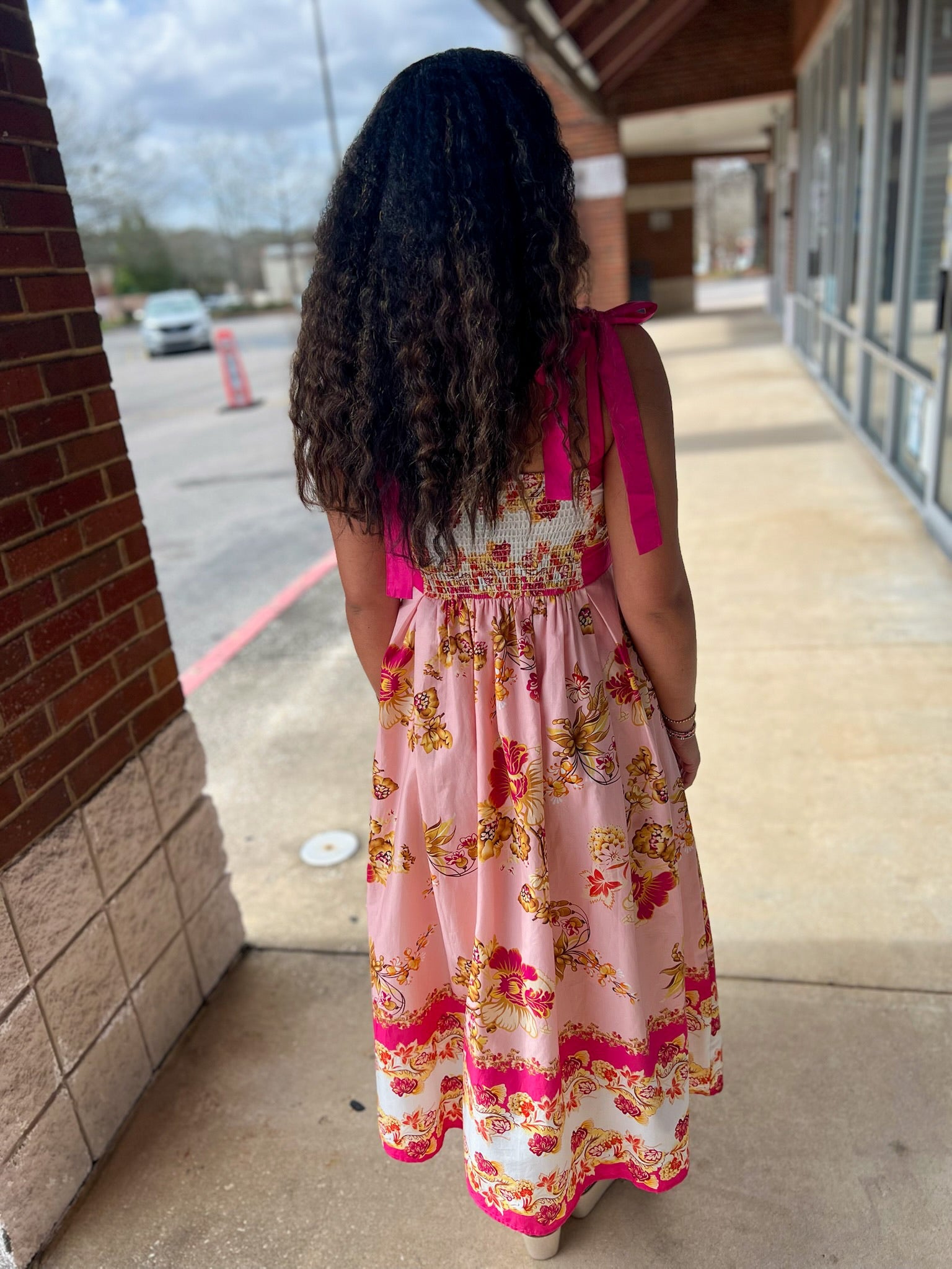 Pink Floral Midi Dress with Contrast Trim and Tie Shoulders - A'Bekah's Boutique