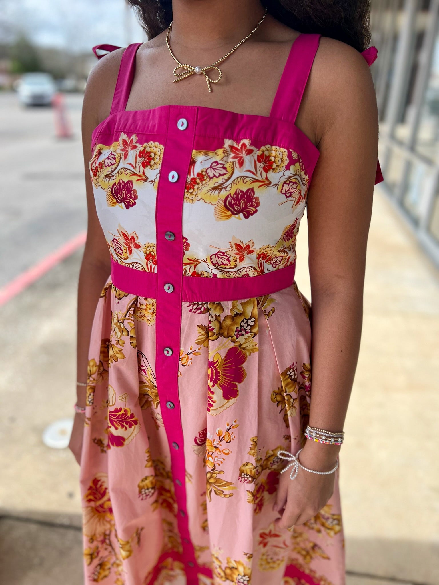 Pink Floral Midi Dress with Contrast Trim and Tie Shoulders - A'Bekah's Boutique