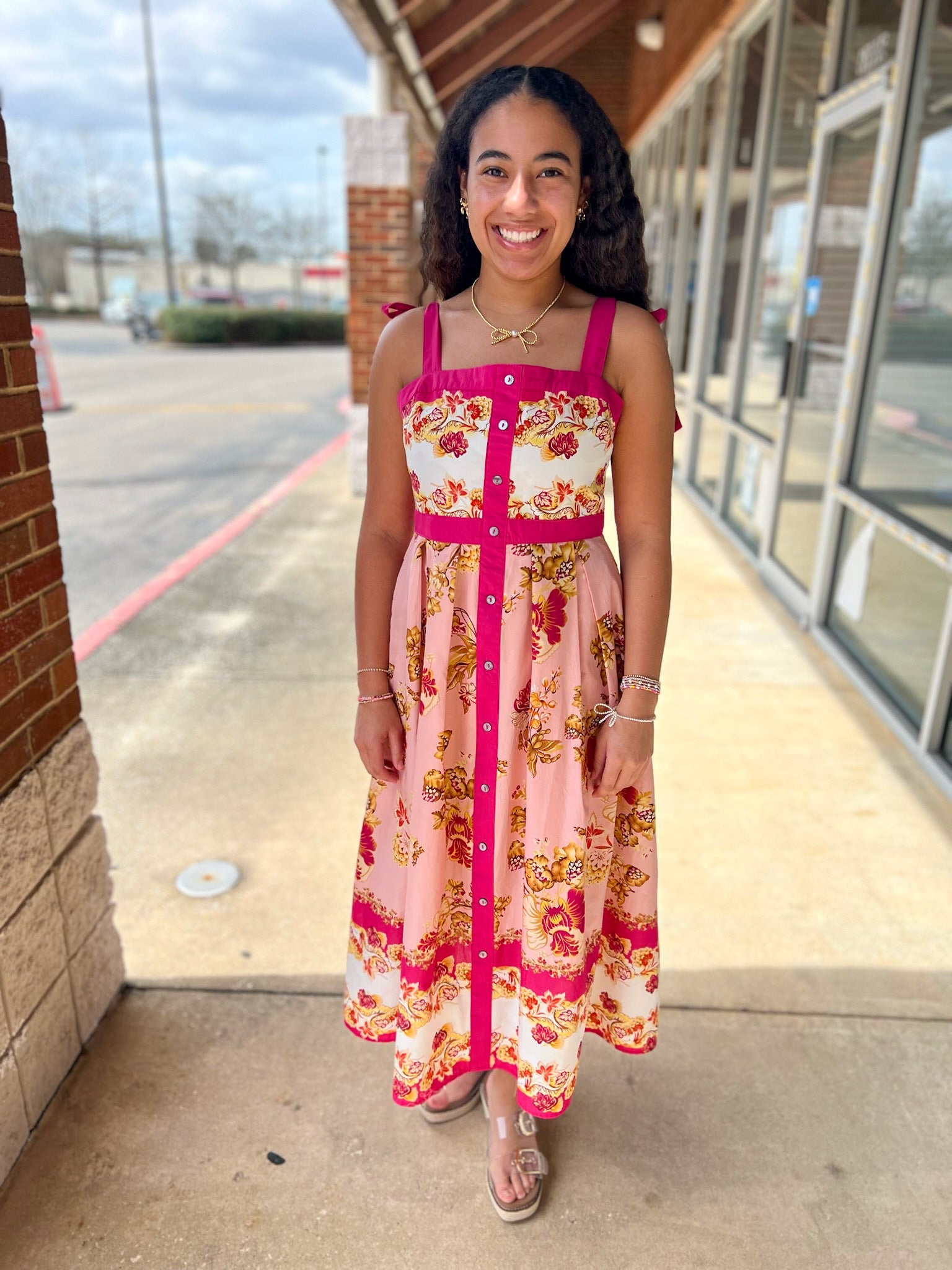 Pink Floral Midi Dress with Contrast Trim and Tie Shoulders - A'Bekah's Boutique