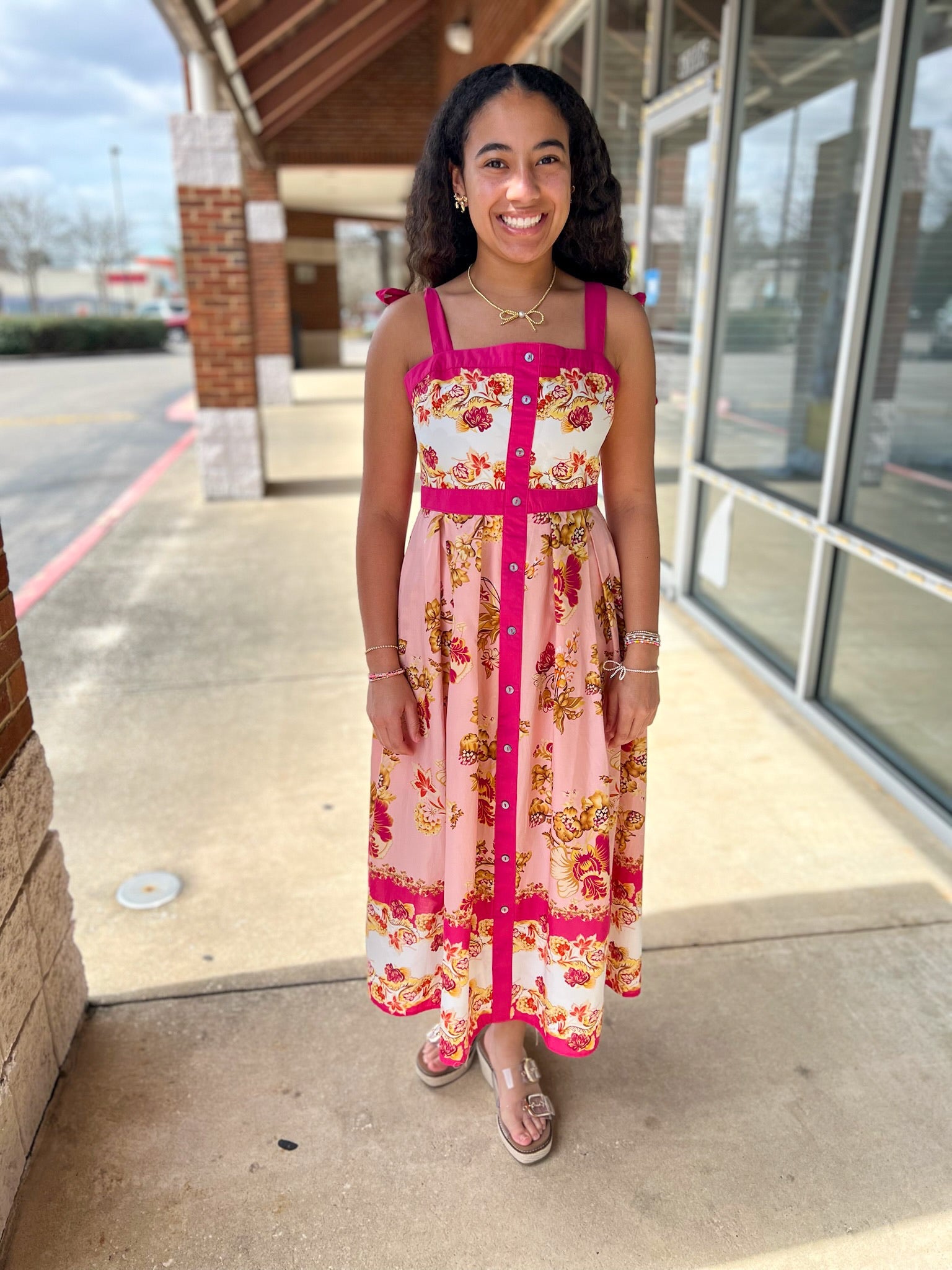 Pink Floral Midi Dress with Contrast Trim and Tie Shoulders - A'Bekah's Boutique