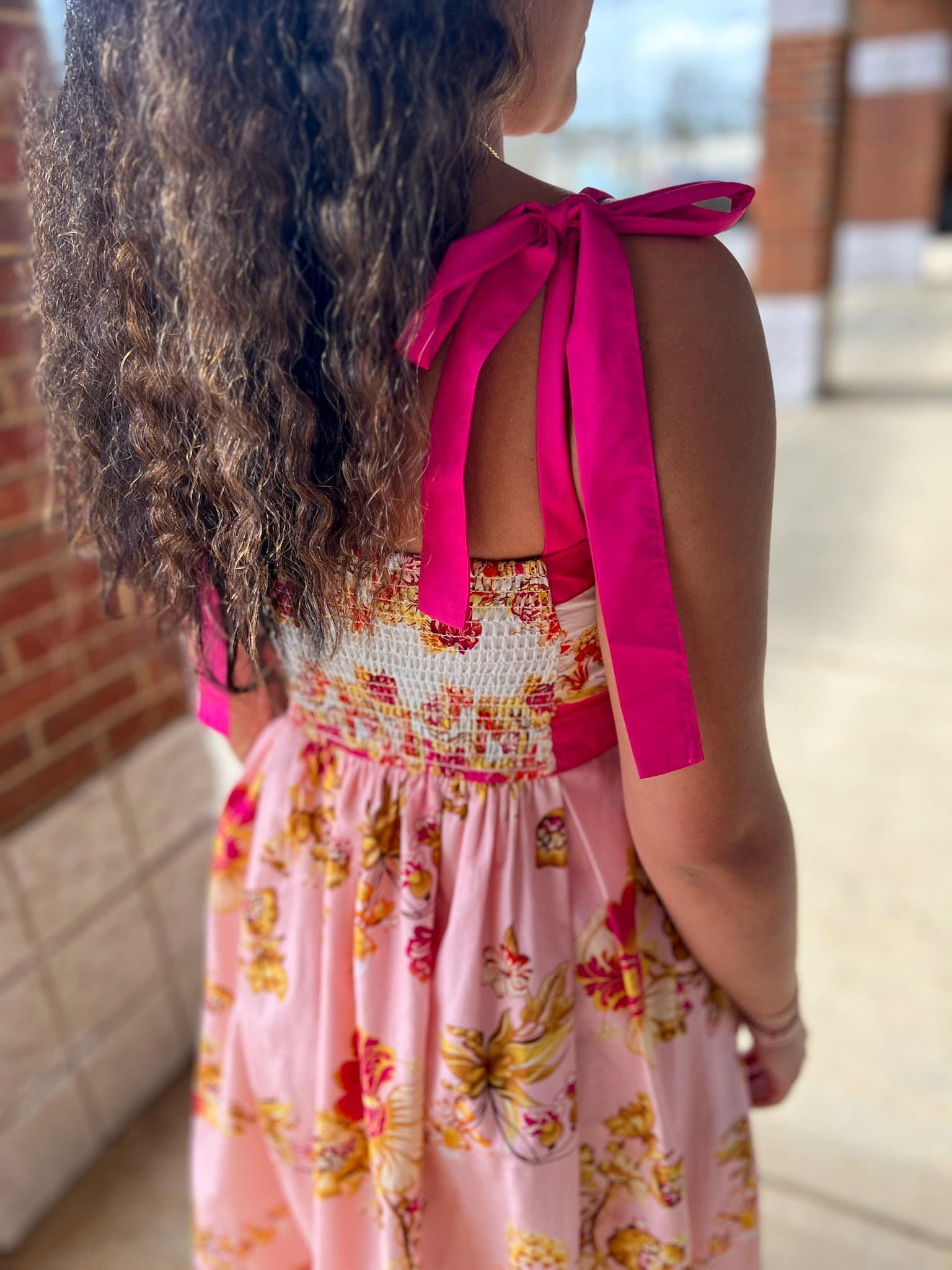 Pink Floral Midi Dress with Contrast Trim and Tie Shoulders - A'Bekah's Boutique