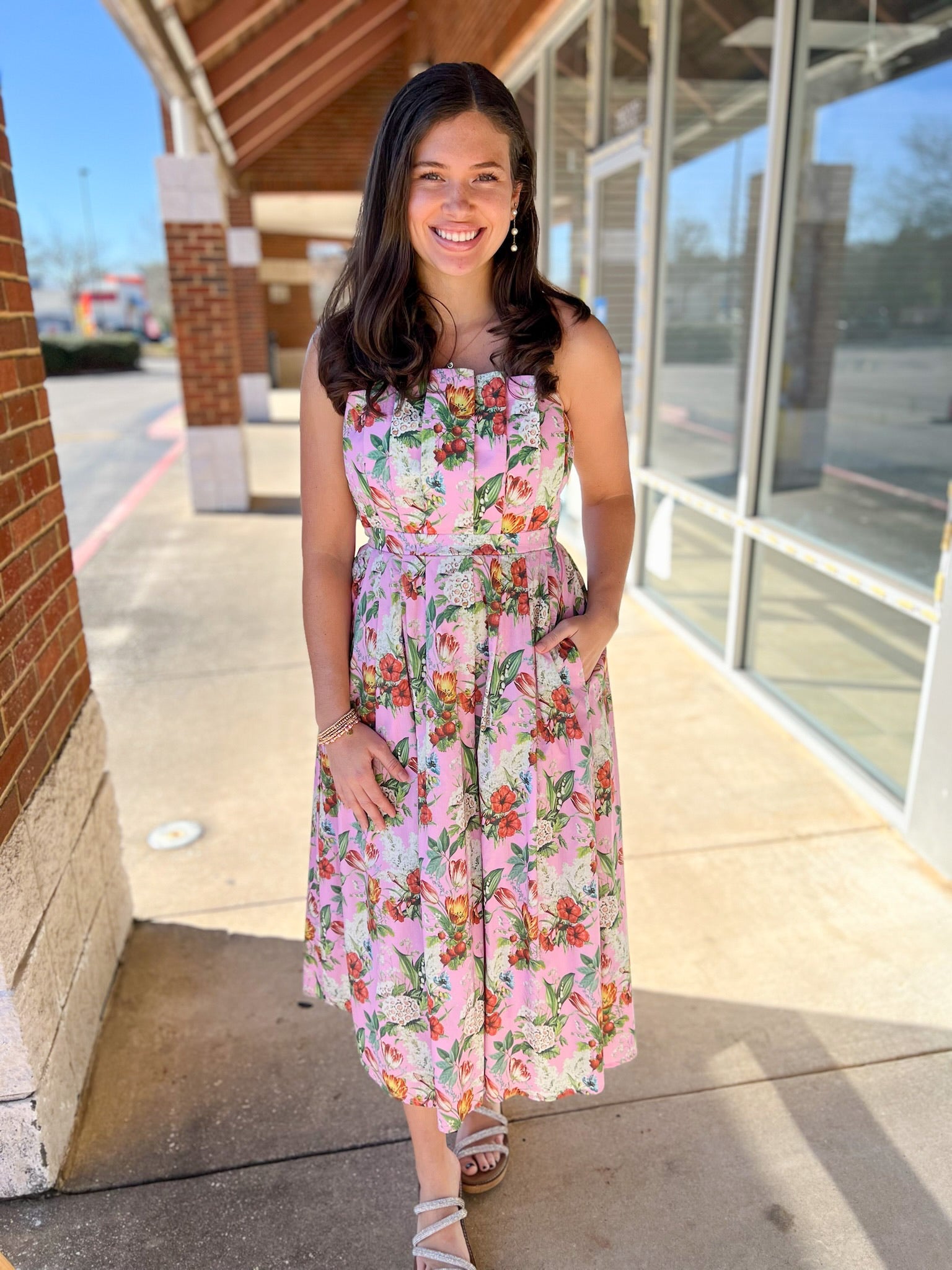Pink Floral Strapless Midi Dress with Pockets - A'Bekah's Boutique