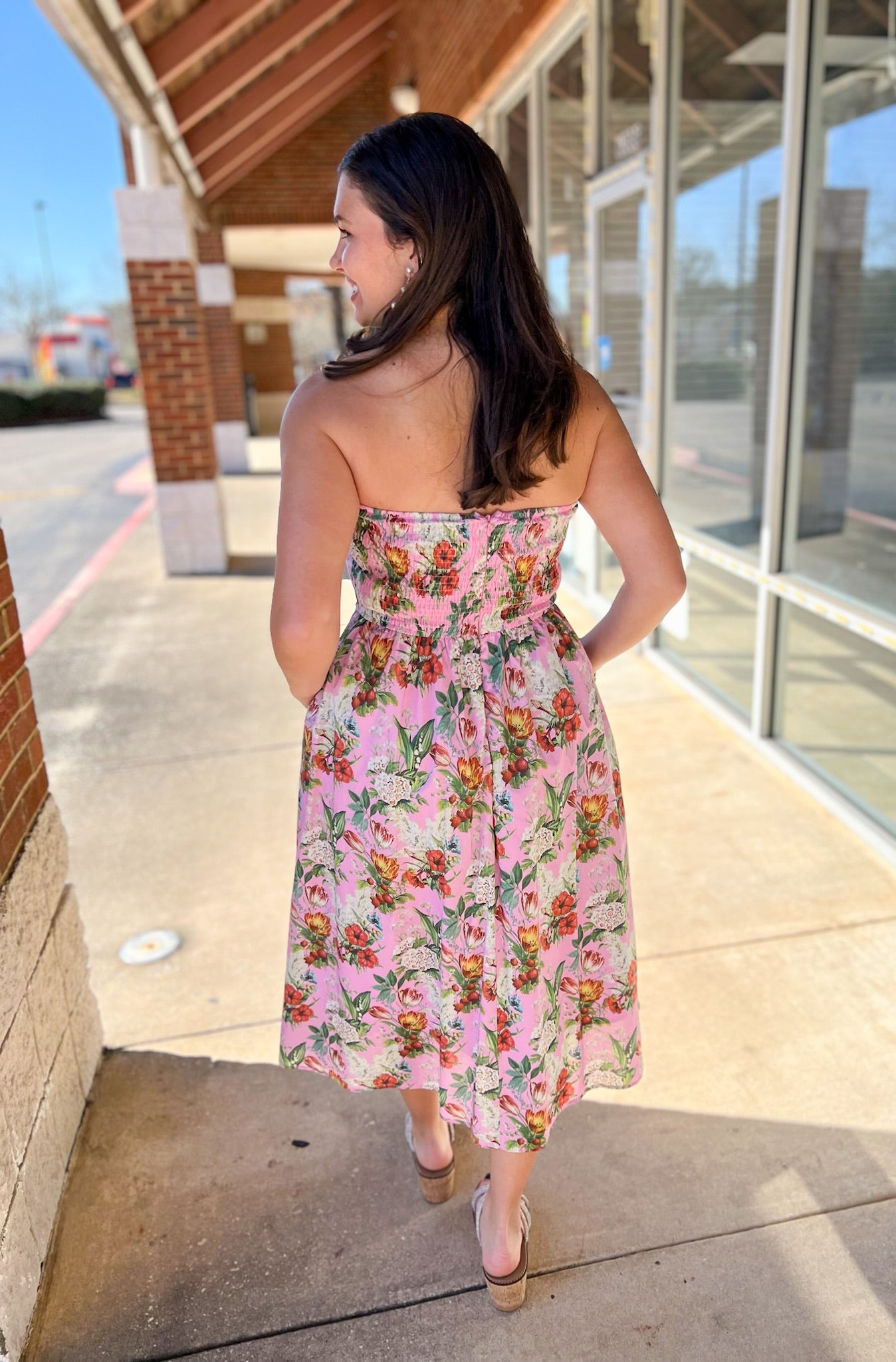 Pink Floral Strapless Midi Dress with Pockets - A'Bekah's Boutique