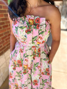 Pink Floral Strapless Midi Dress with Pockets - A'Bekah's Boutique