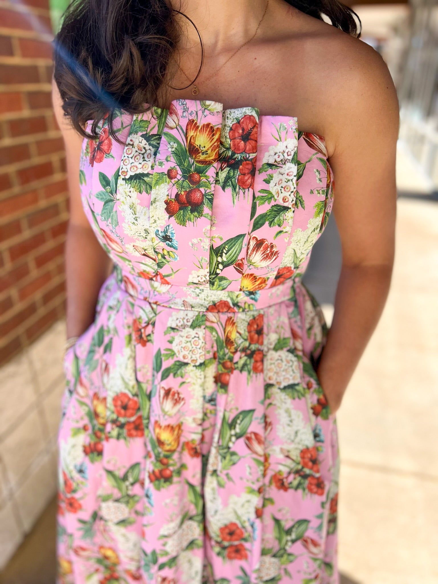 Pink Floral Strapless Midi Dress with Pockets - A'Bekah's Boutique