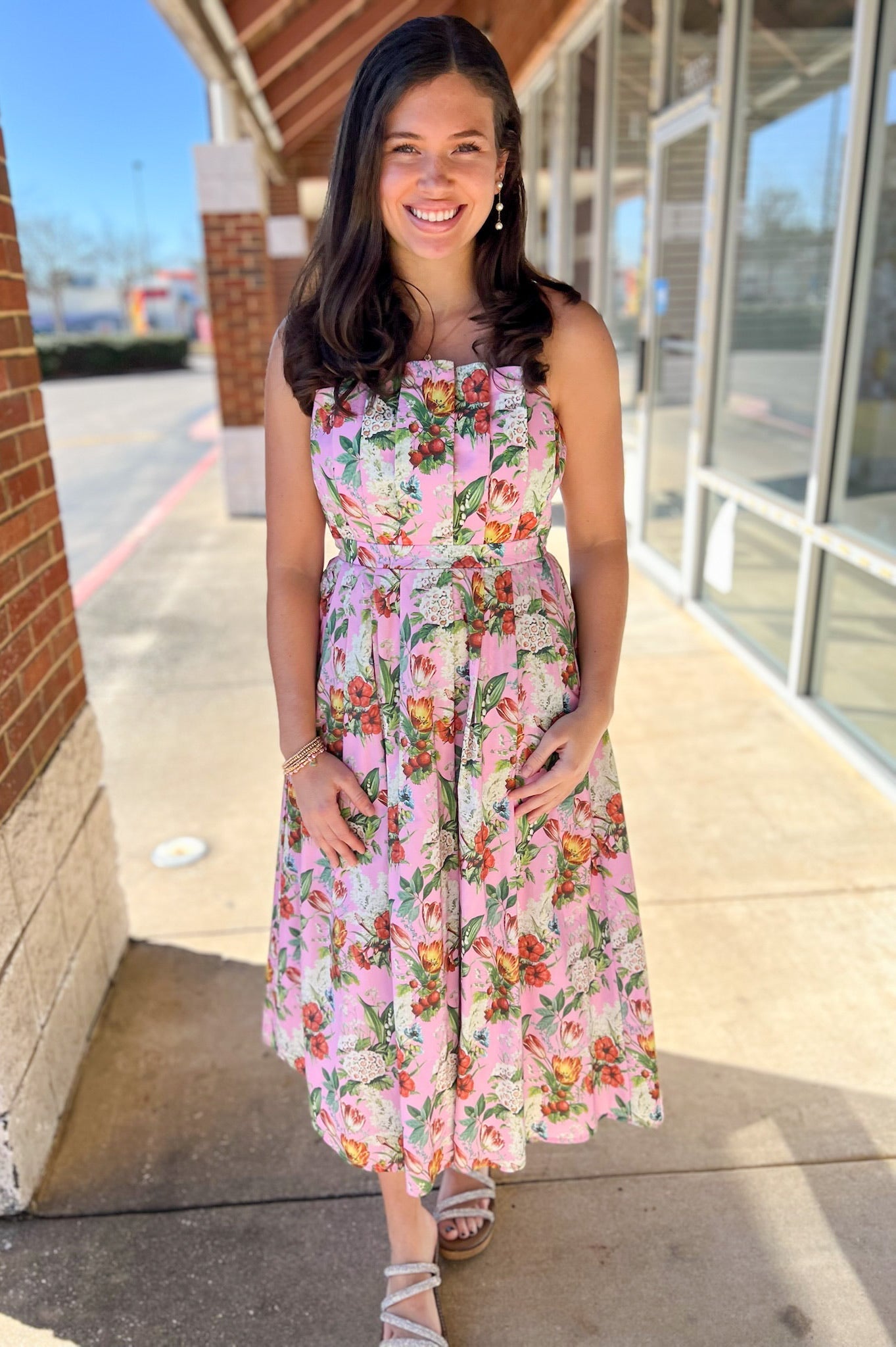 Pink Floral Strapless Midi Dress with Pockets - A'Bekah's Boutique