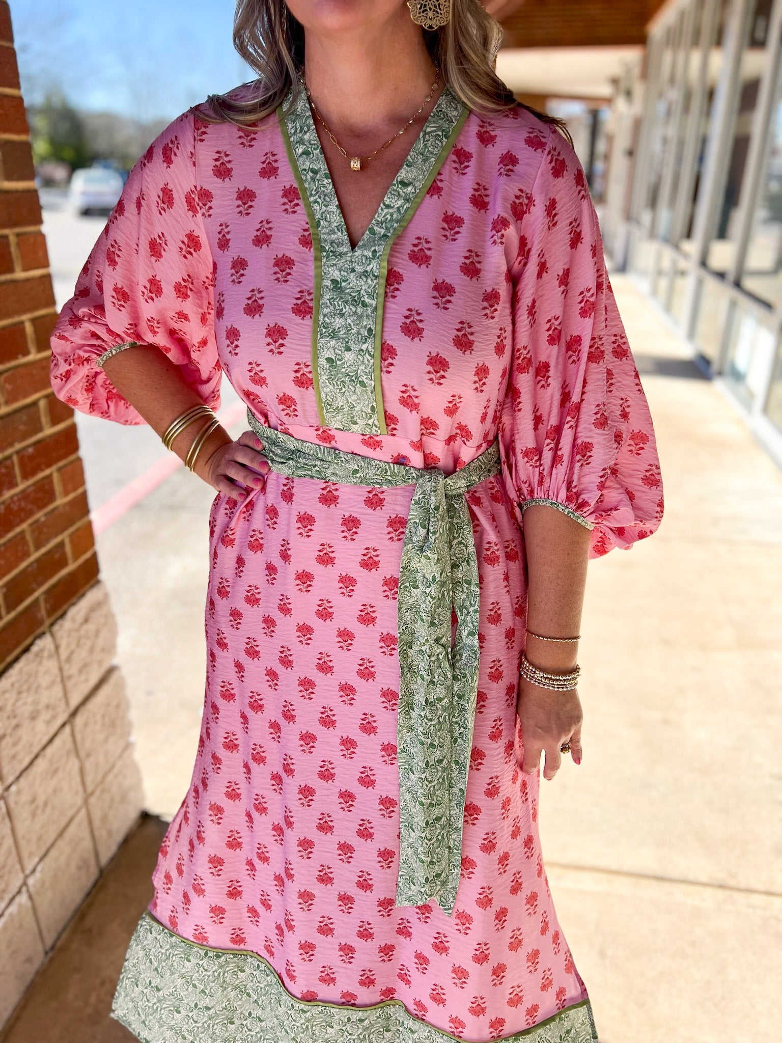 Pink Floral V - Neck 3/4 Sleeve Midi Dress with Self Tie Waist - A'Bekah's Boutique