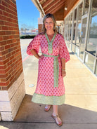 Pink Floral V - Neck 3/4 Sleeve Midi Dress with Self Tie Waist - A'Bekah's Boutique