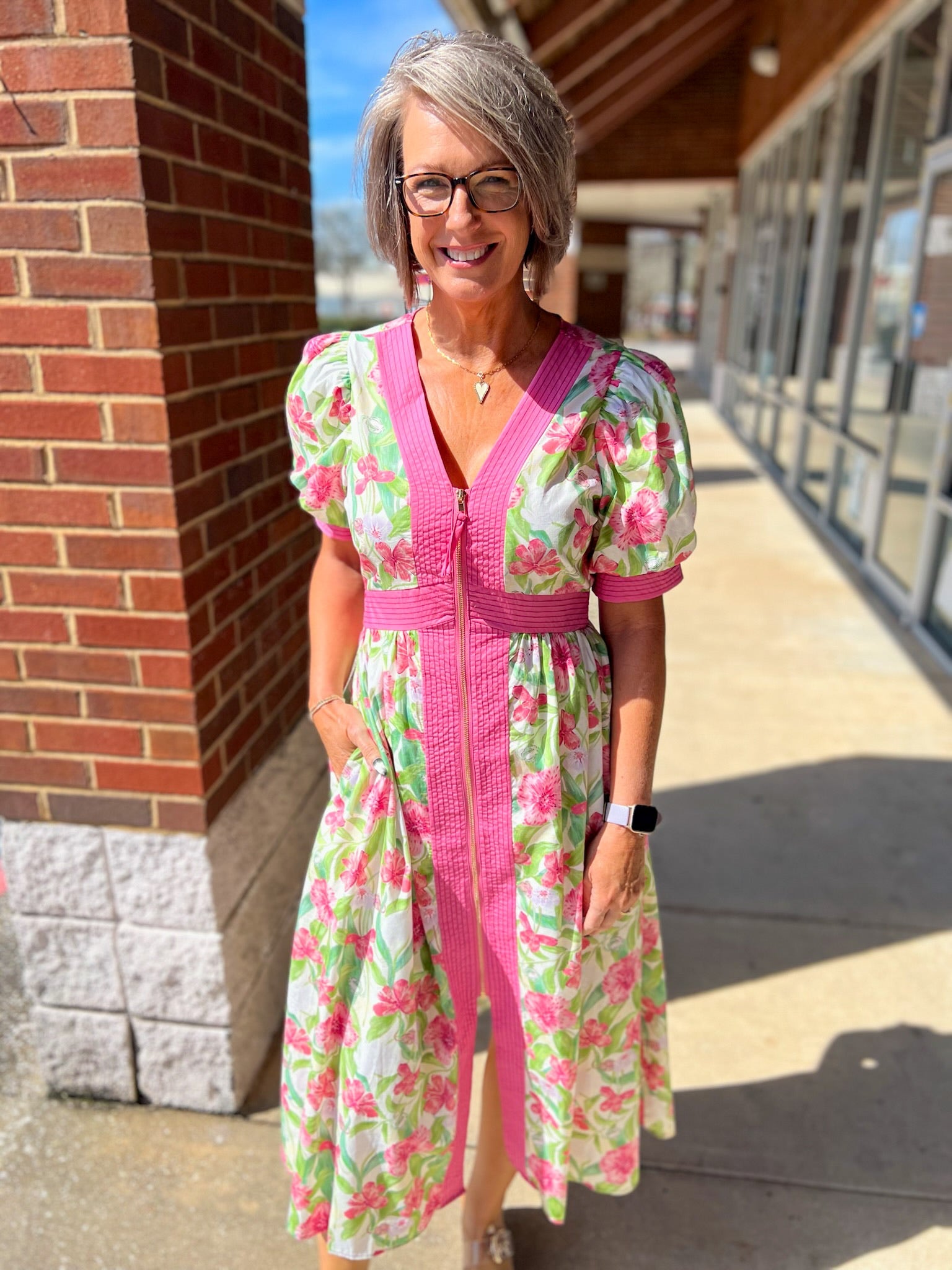 Pink Floral Zip Front Midi Dress with Pockets - A'Bekah's Boutique