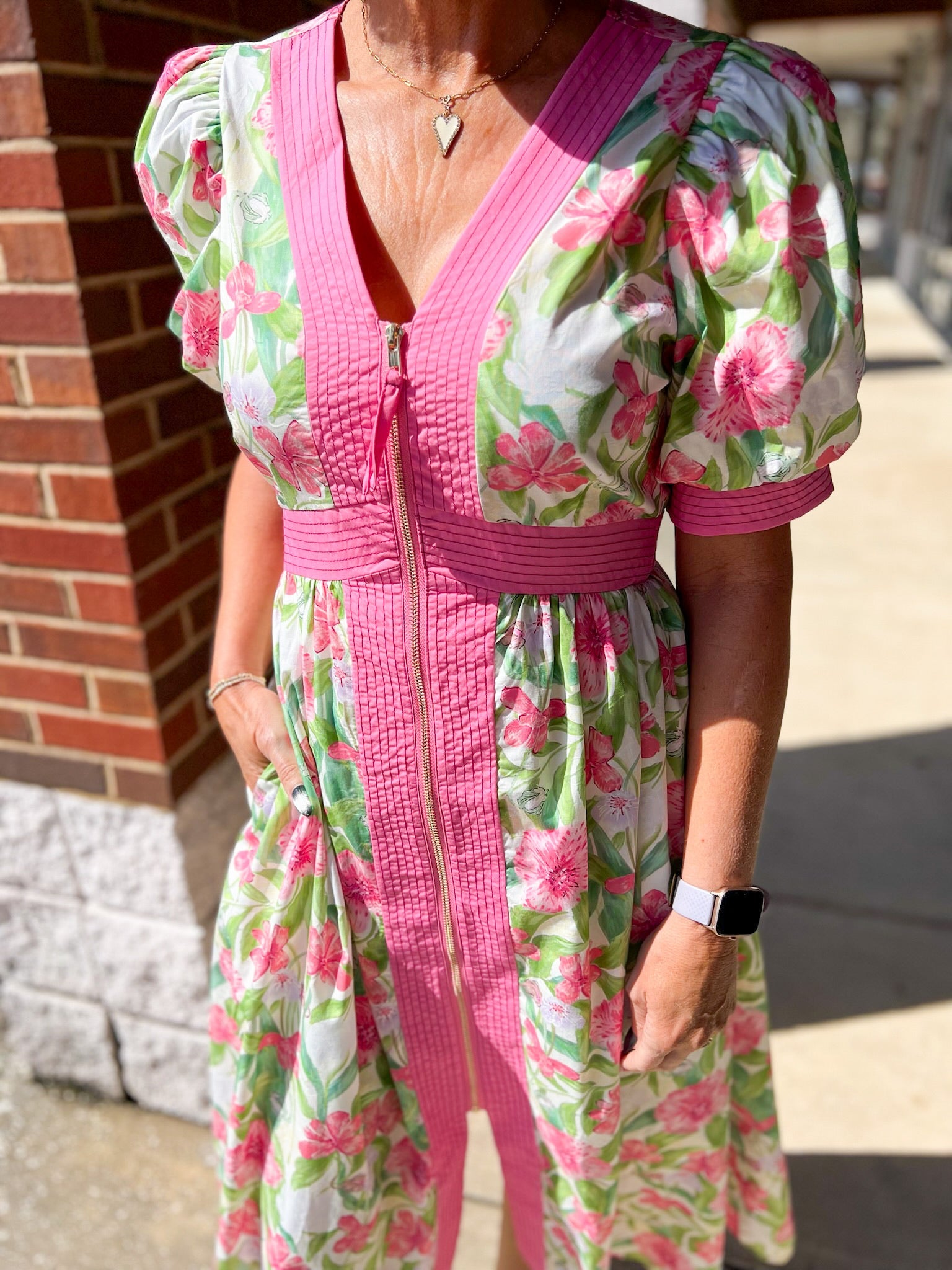 Pink Floral Zip Front Midi Dress with Pockets - A'Bekah's Boutique