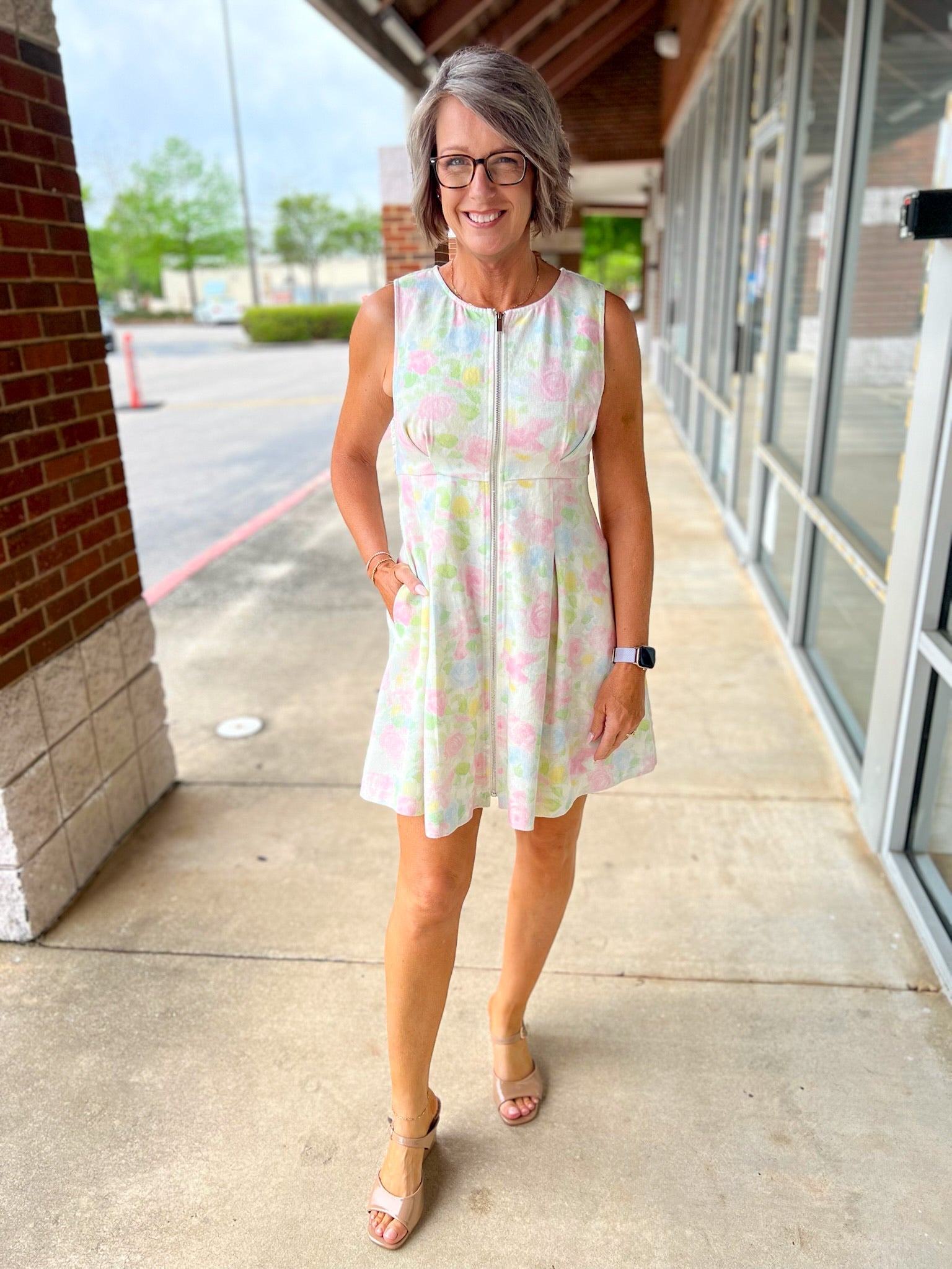 Pink Floral Zip Front Sleeveless Dress with Pockets - A'Bekah's Boutique