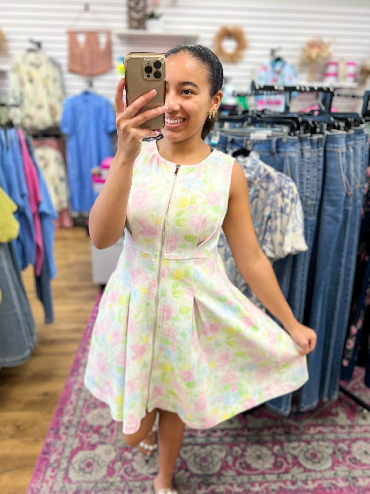 Pink Floral Zip Front Sleeveless Dress with Pockets - A'Bekah's Boutique