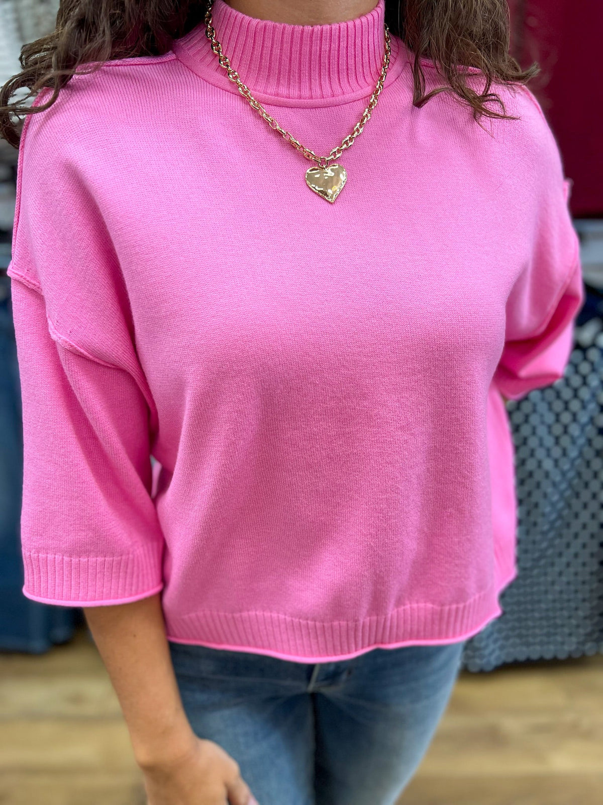 Pink Mock Neck Sweater with 3/4 Sleeves - A'Bekah's Boutique