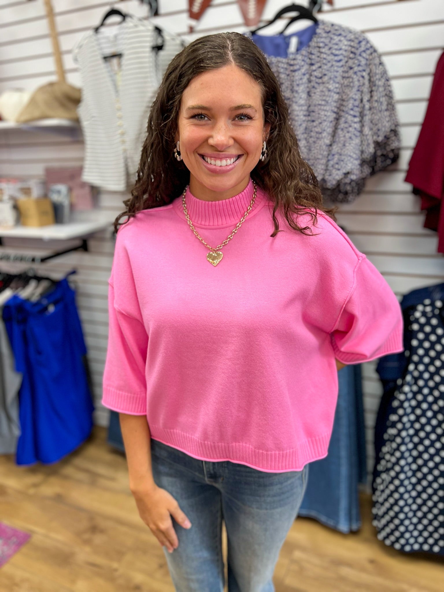 Pink Mock Neck Sweater with 3/4 Sleeves - A'Bekah's Boutique