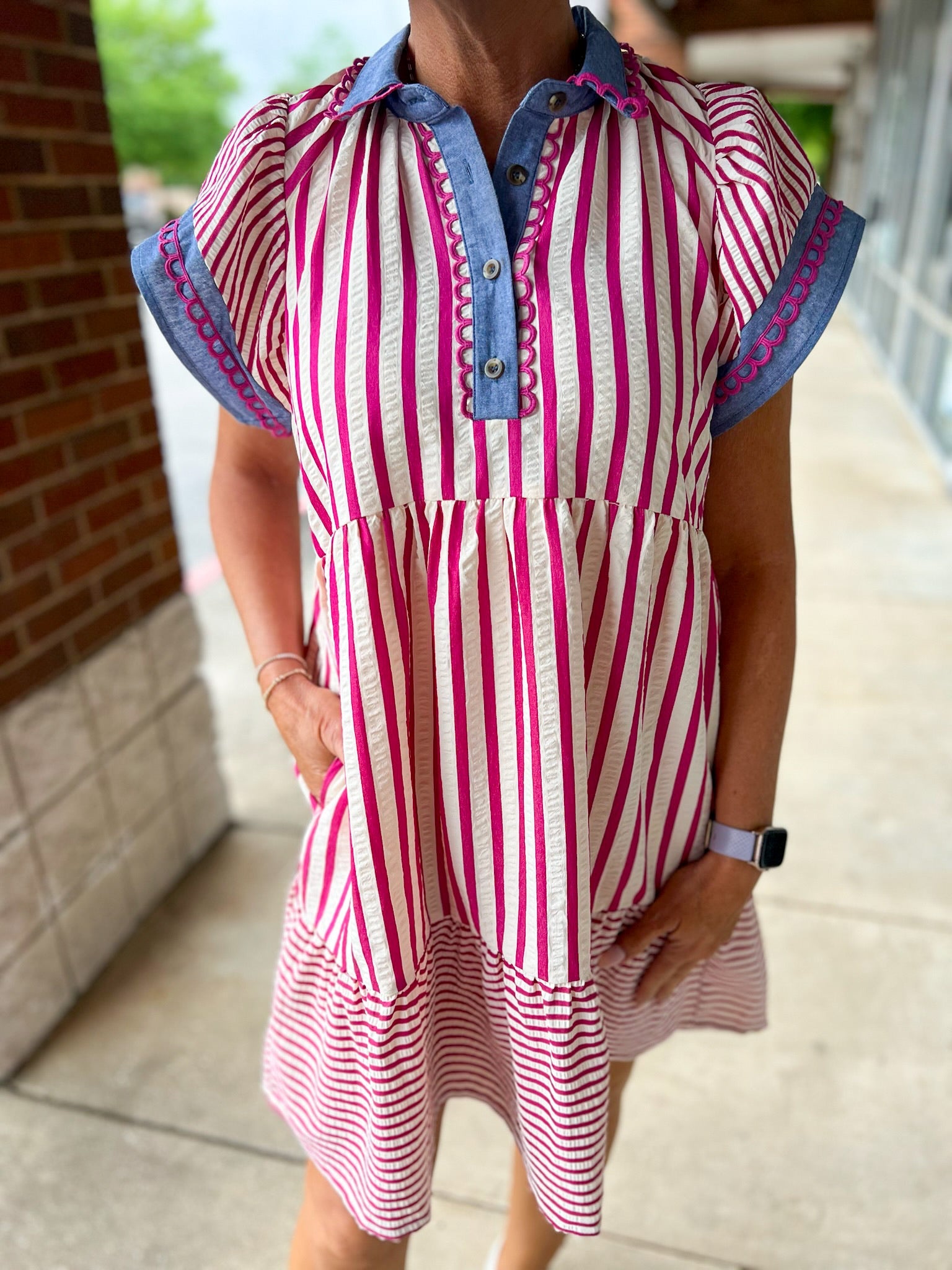 Pink Multi Striped Contrast Trim Short Sleeve Dress - A'Bekah's Boutique