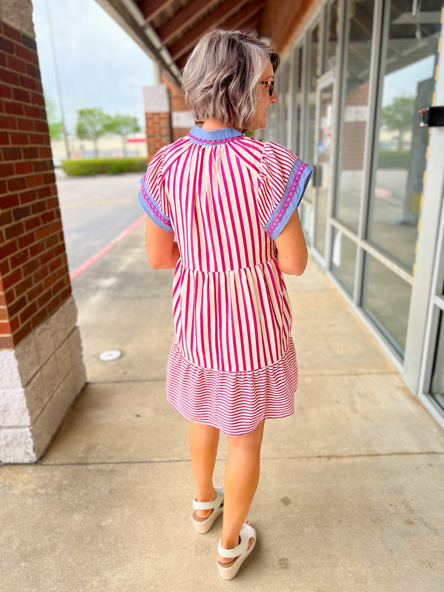 Pink Multi Striped Contrast Trim Short Sleeve Dress - A'Bekah's Boutique