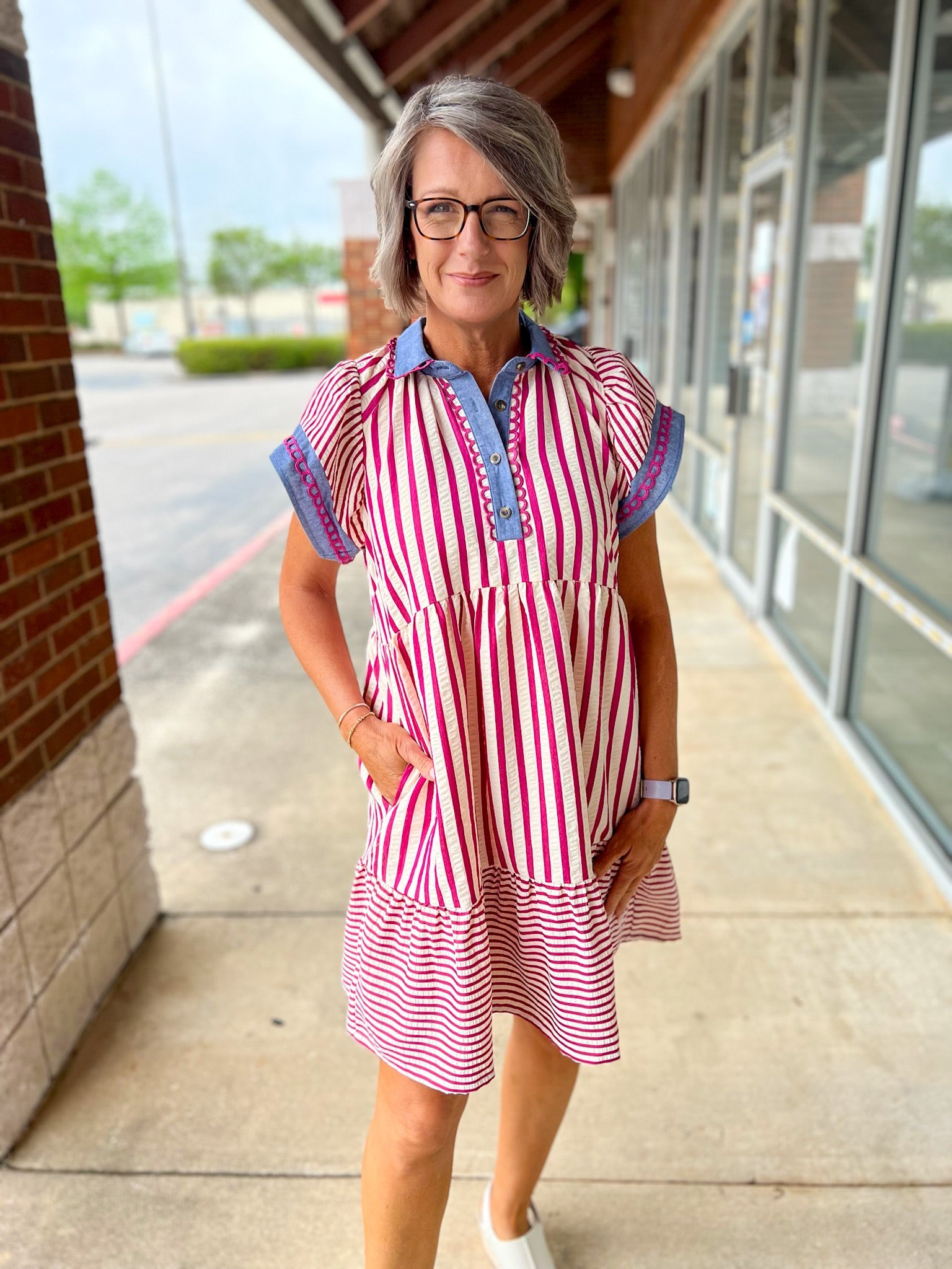 Pink Multi Striped Contrast Trim Short Sleeve Dress - A'Bekah's Boutique