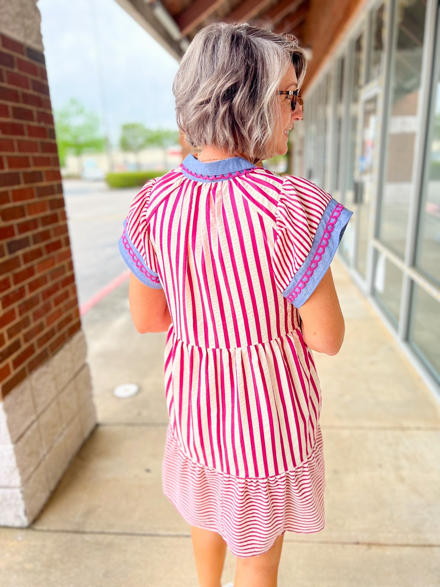 Pink Multi Striped Contrast Trim Short Sleeve Dress - A'Bekah's Boutique