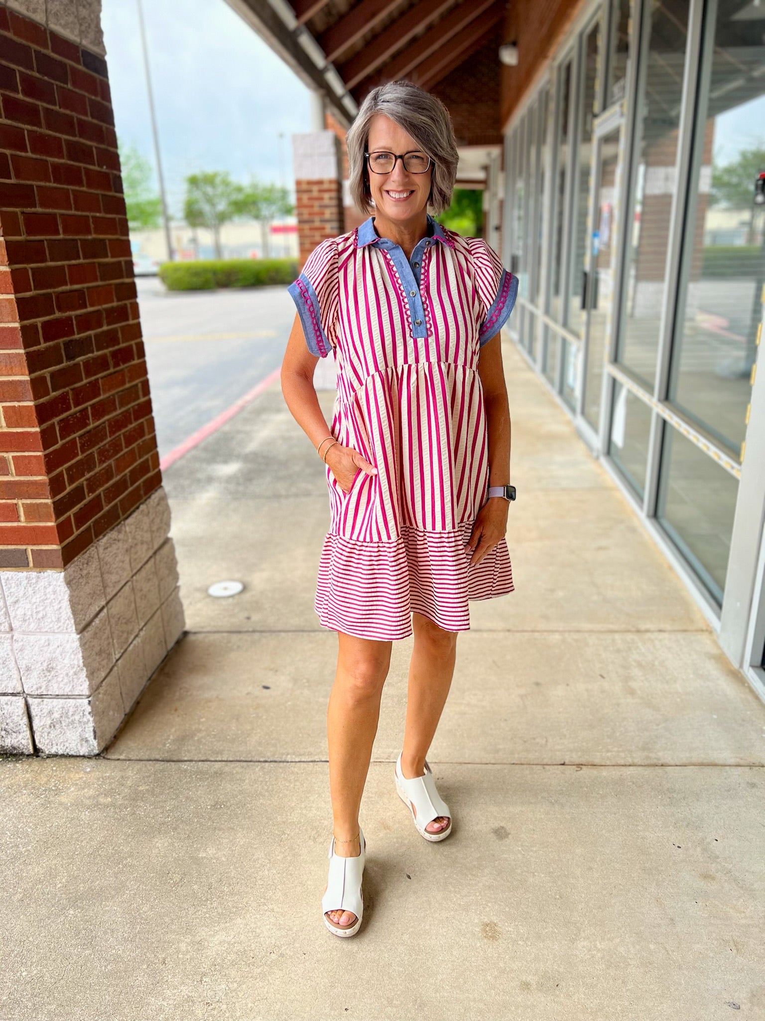 Pink Multi Striped Contrast Trim Short Sleeve Dress - A'Bekah's Boutique