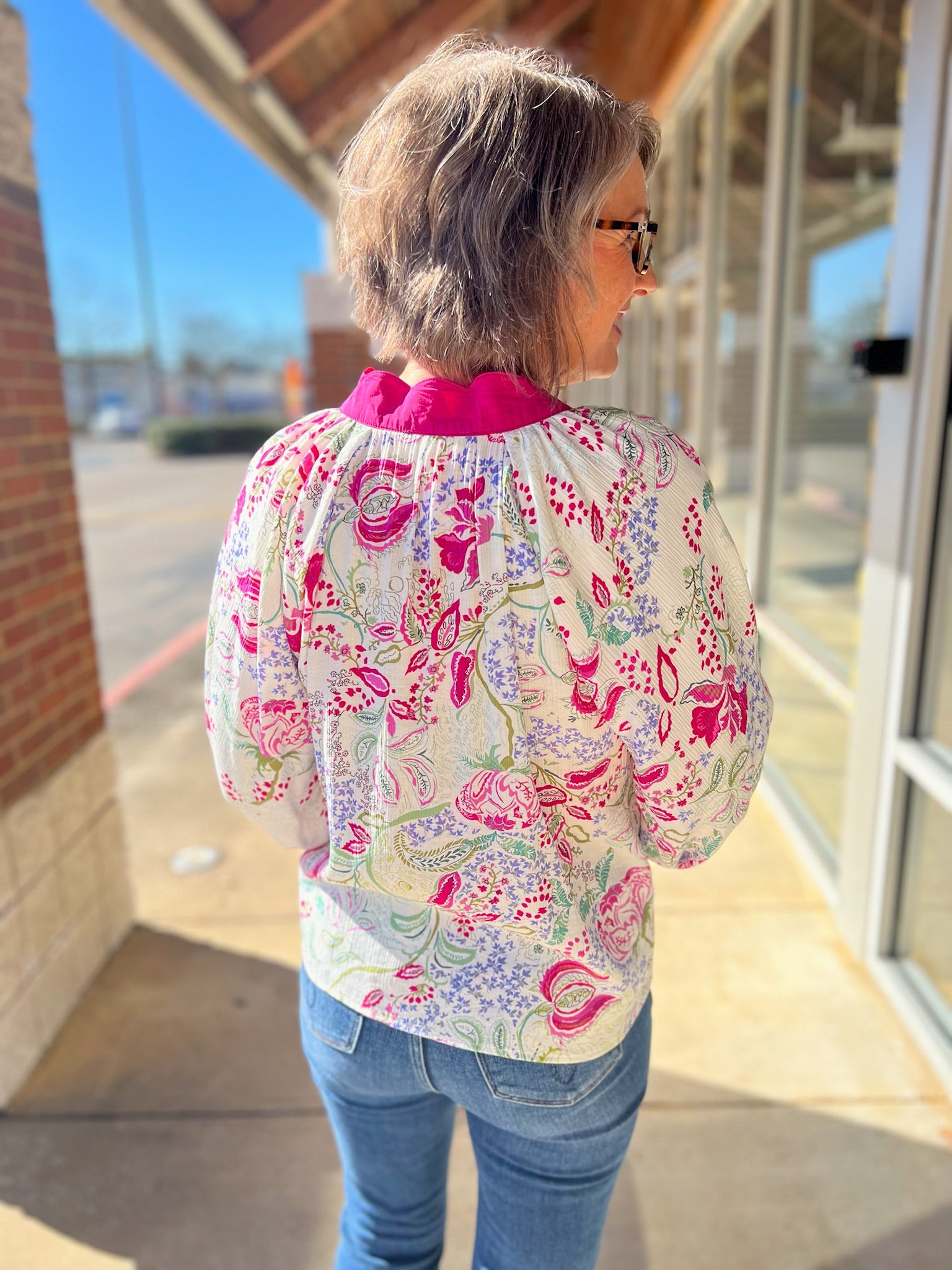 Pink Paisley Print Contrast V - Neck Top with Balloon Sleeves - A'Bekah's Boutique