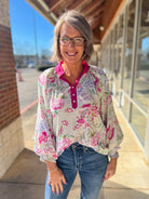 Pink Paisley Print Contrast V - Neck Top with Balloon Sleeves - A'Bekah's Boutique