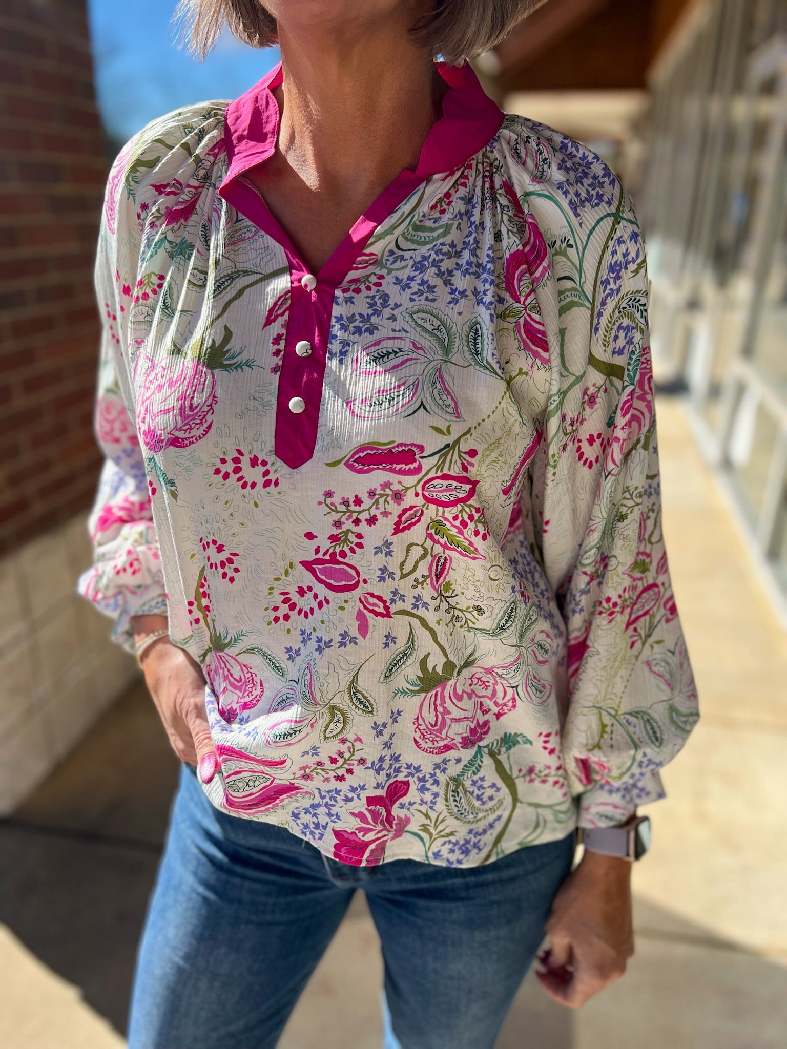 Pink Paisley Print Contrast V - Neck Top with Balloon Sleeves - A'Bekah's Boutique