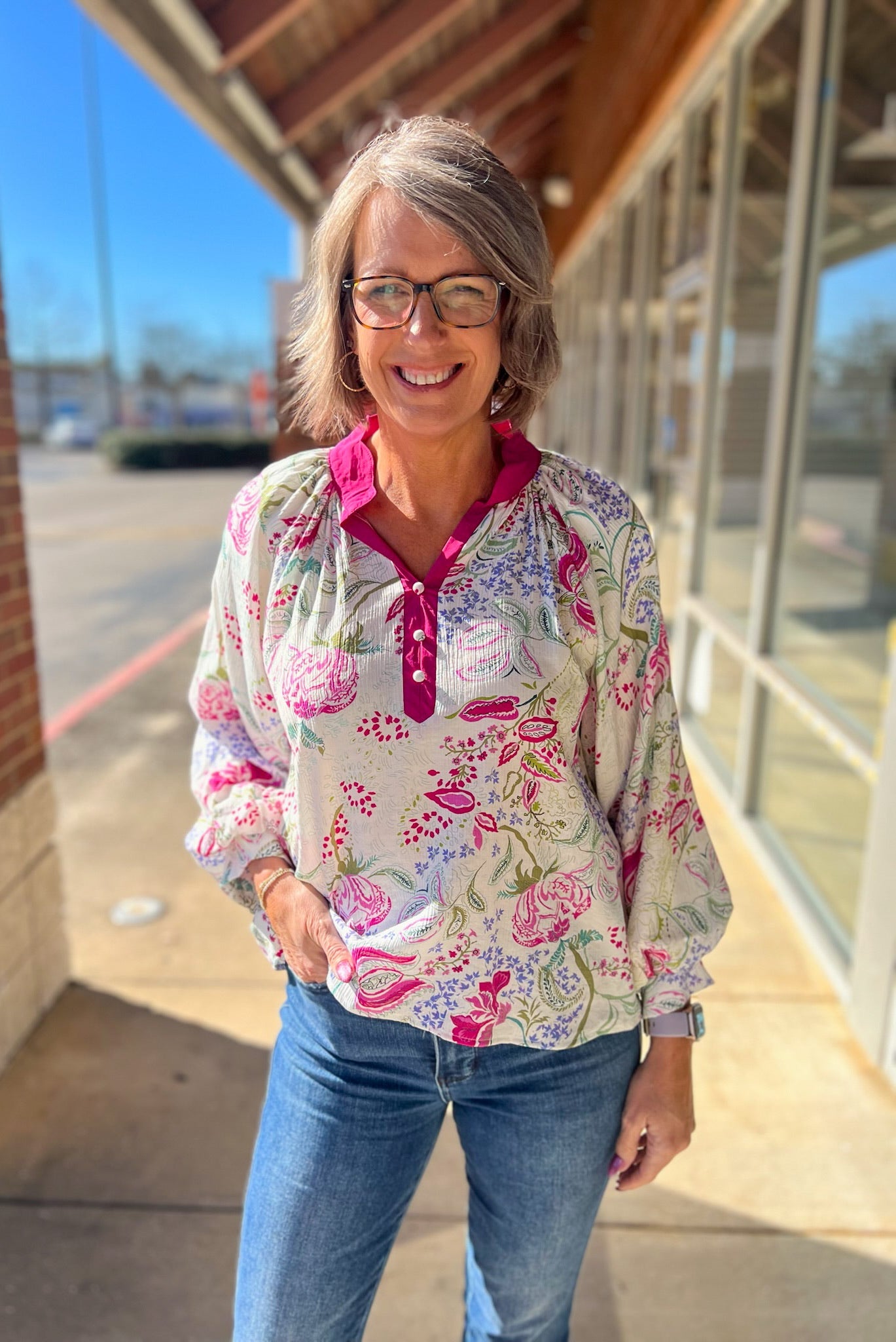 Pink Paisley Print Contrast V - Neck Top with Balloon Sleeves - A'Bekah's Boutique