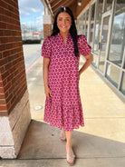 Pink Printed Midi Dress with Short Puff Sleeves - A'Bekah's Boutique