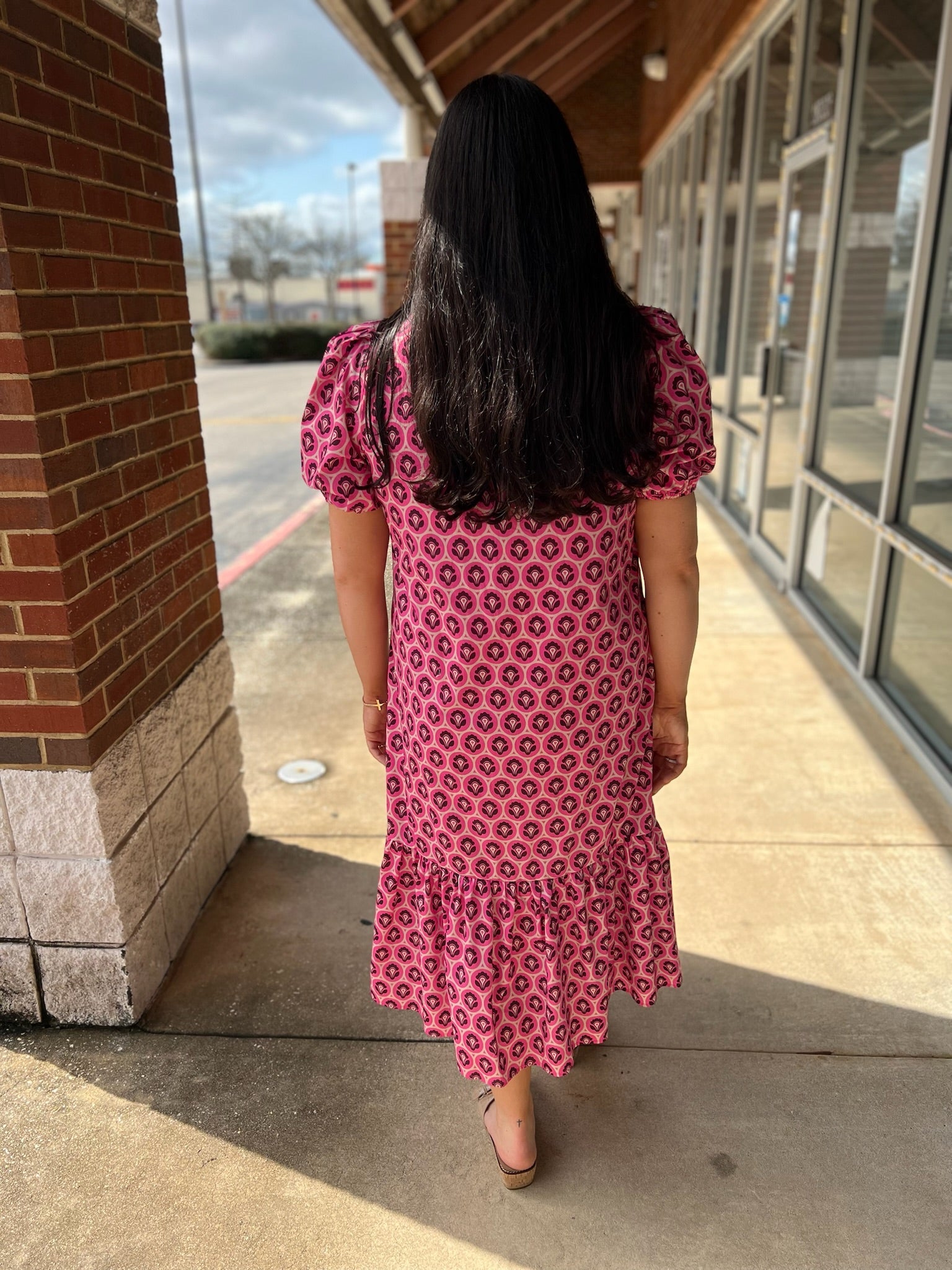 Pink Printed Midi Dress with Short Puff Sleeves - A'Bekah's Boutique