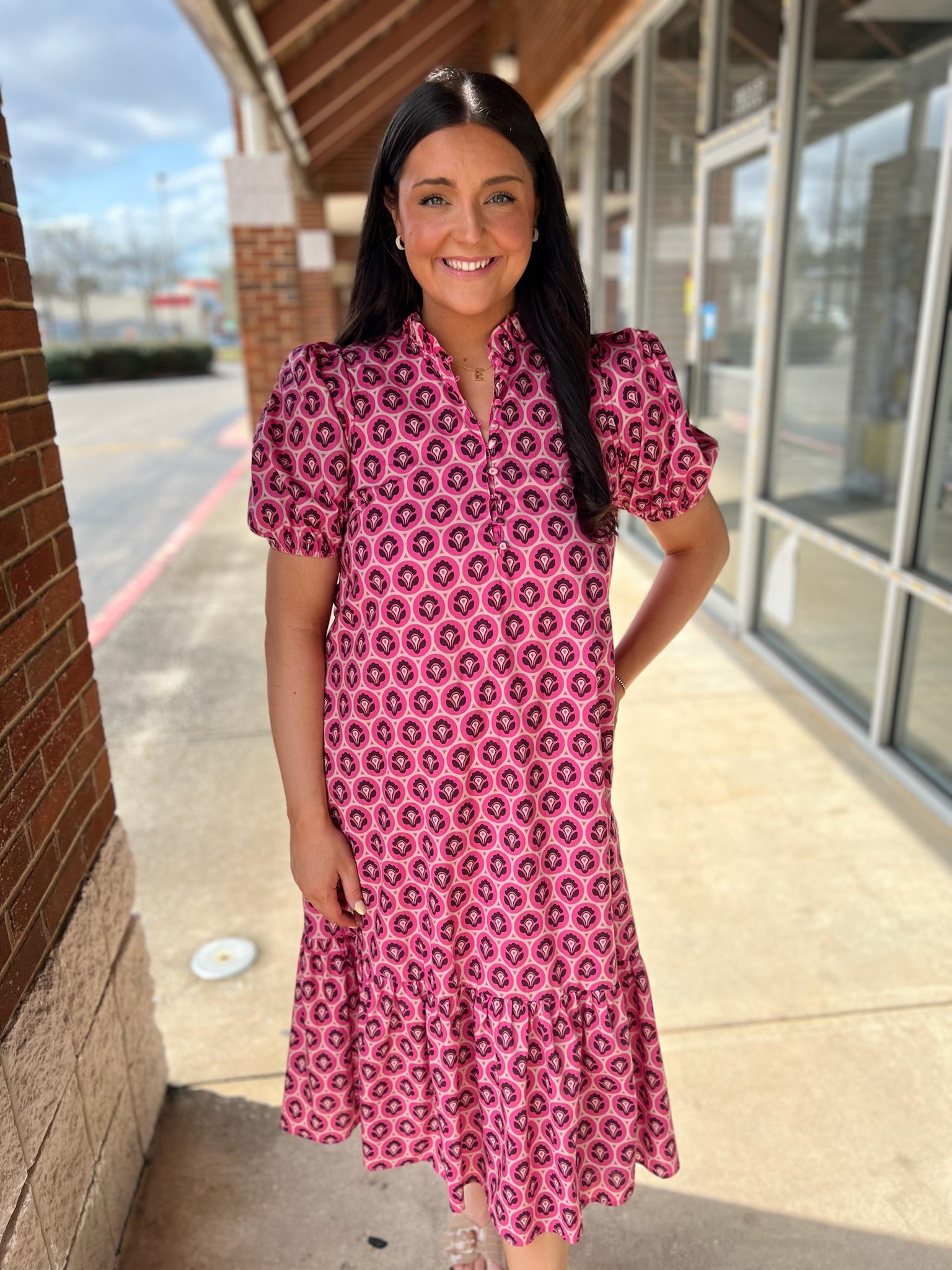 Pink Printed Midi Dress with Short Puff Sleeves - A'Bekah's Boutique