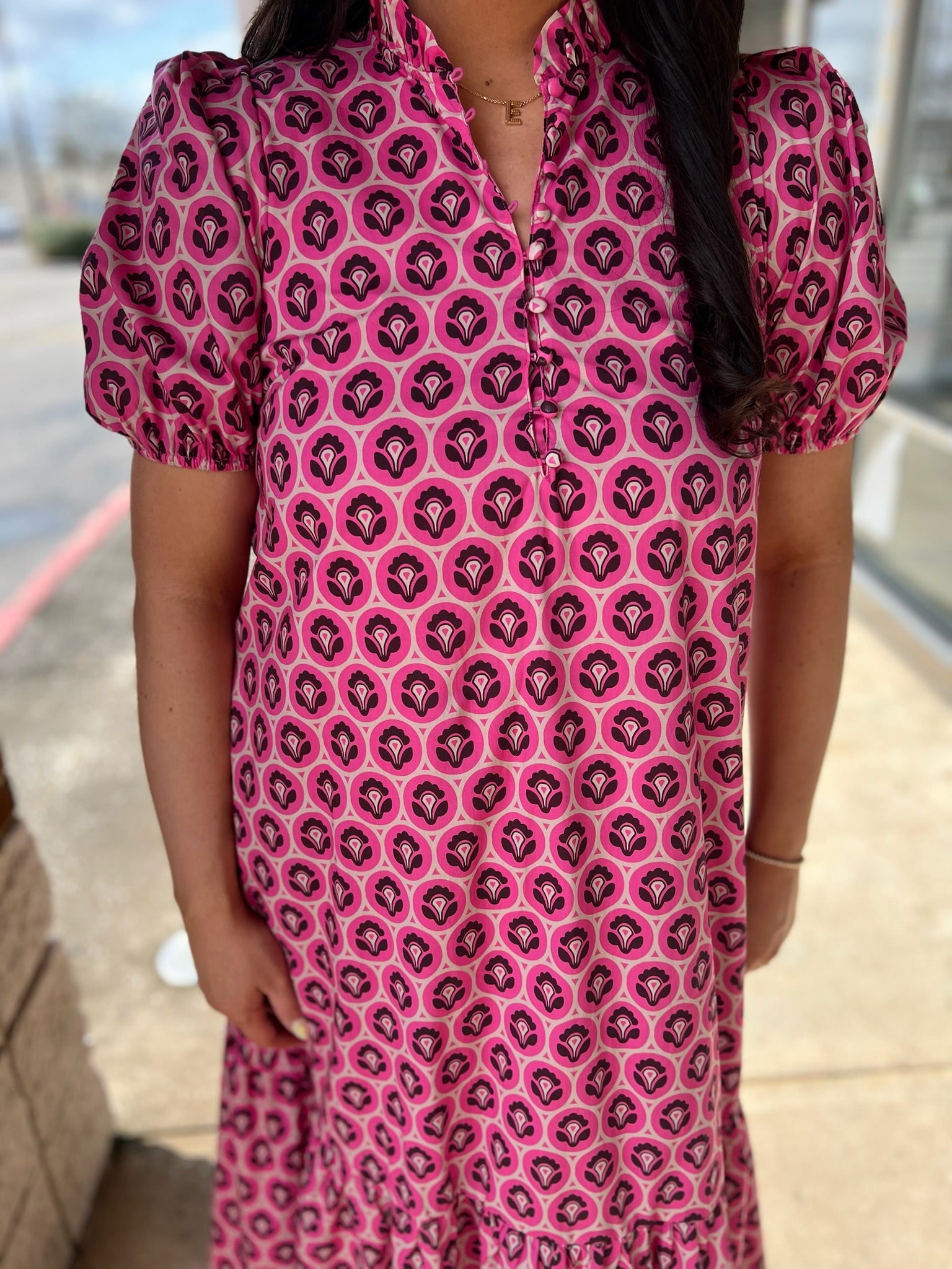 Pink Printed Midi Dress with Short Puff Sleeves - A'Bekah's Boutique