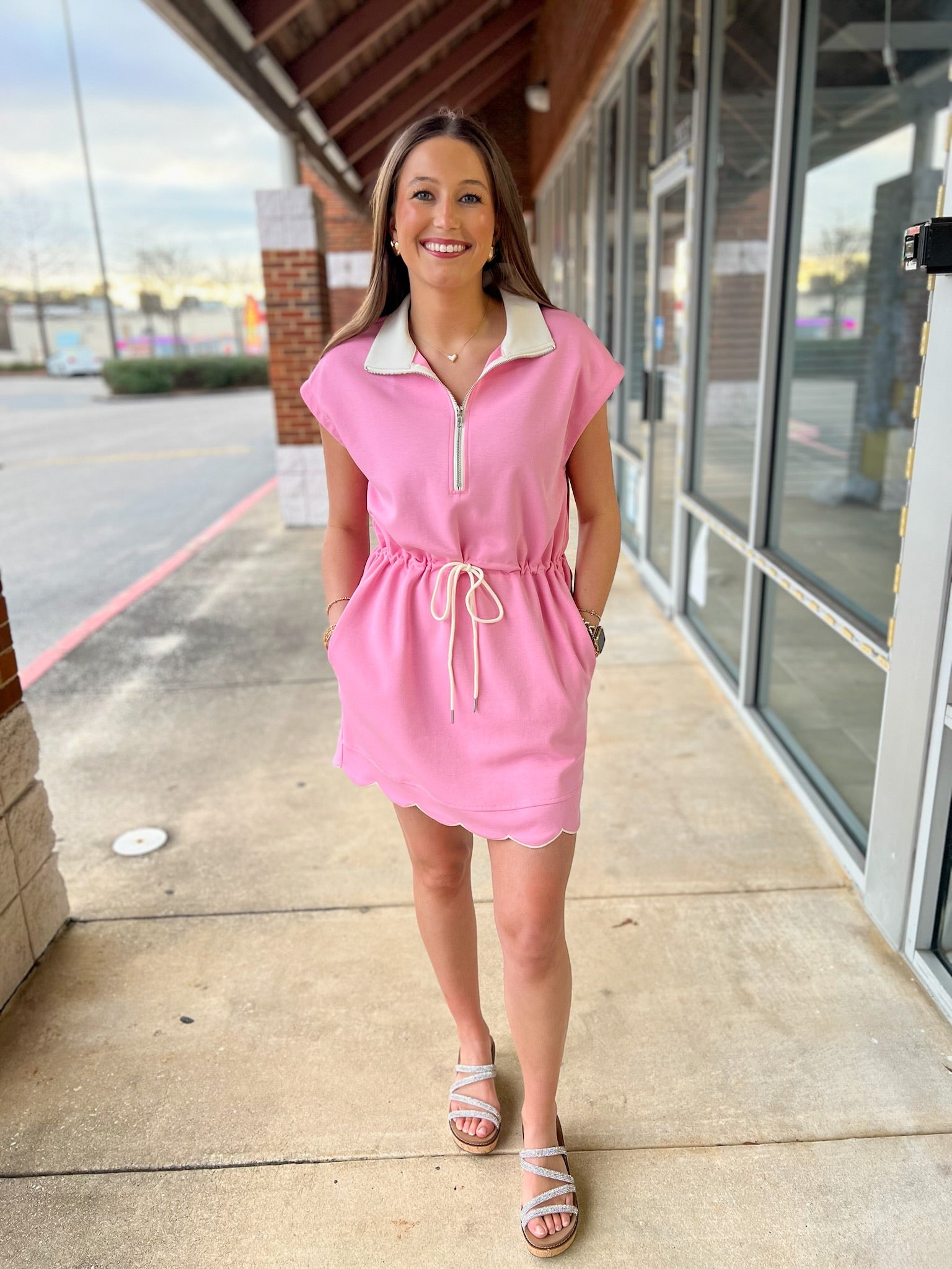 Pink Scuba Short Sleeve Dress with Drawstring Waist - A'Bekah's Boutique