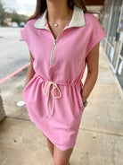 Pink Scuba Short Sleeve Dress with Drawstring Waist - A'Bekah's Boutique