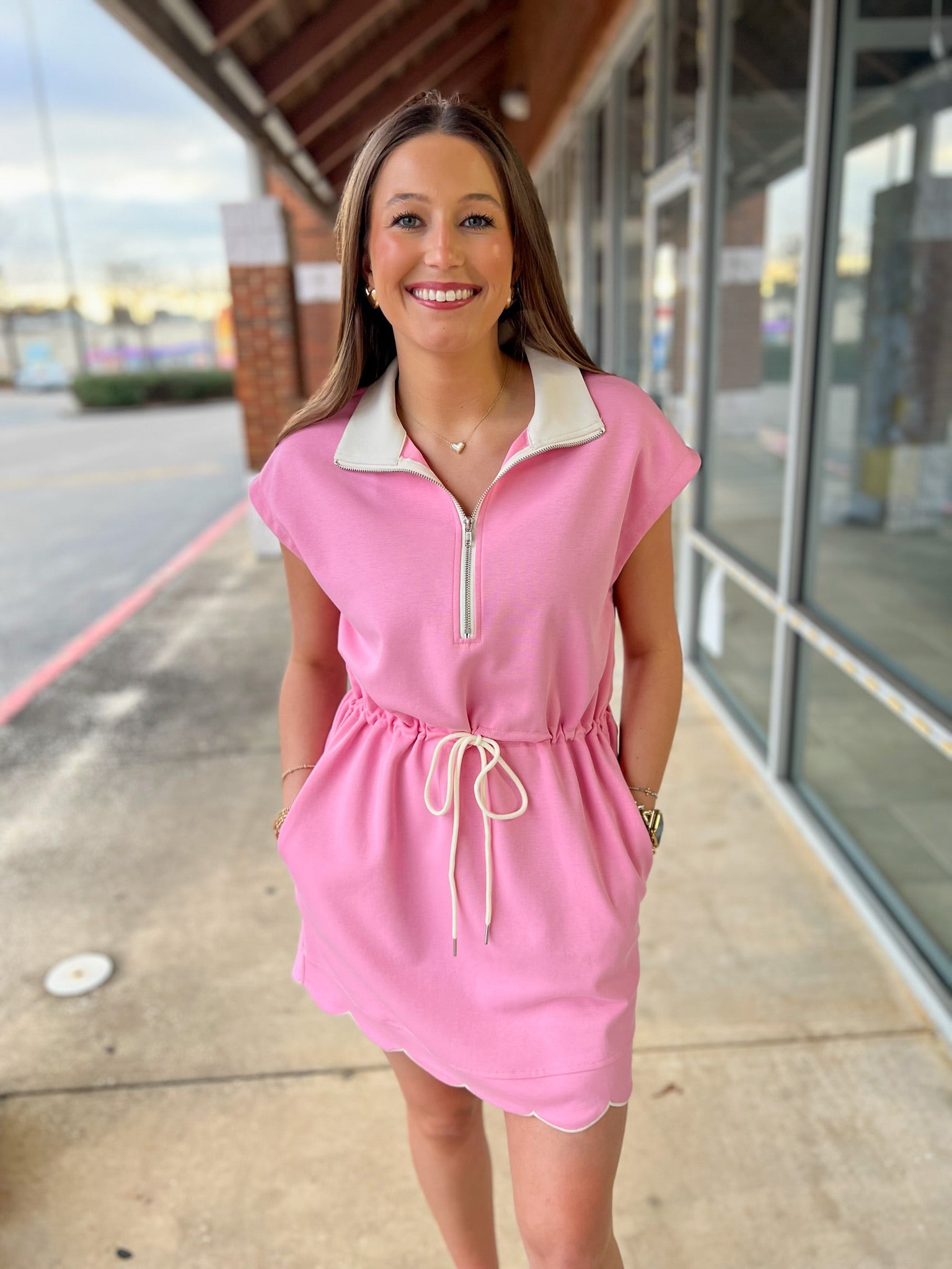Pink Scuba Short Sleeve Dress with Drawstring Waist - A'Bekah's Boutique