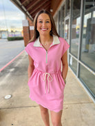 Pink Scuba Short Sleeve Dress with Drawstring Waist - A'Bekah's Boutique